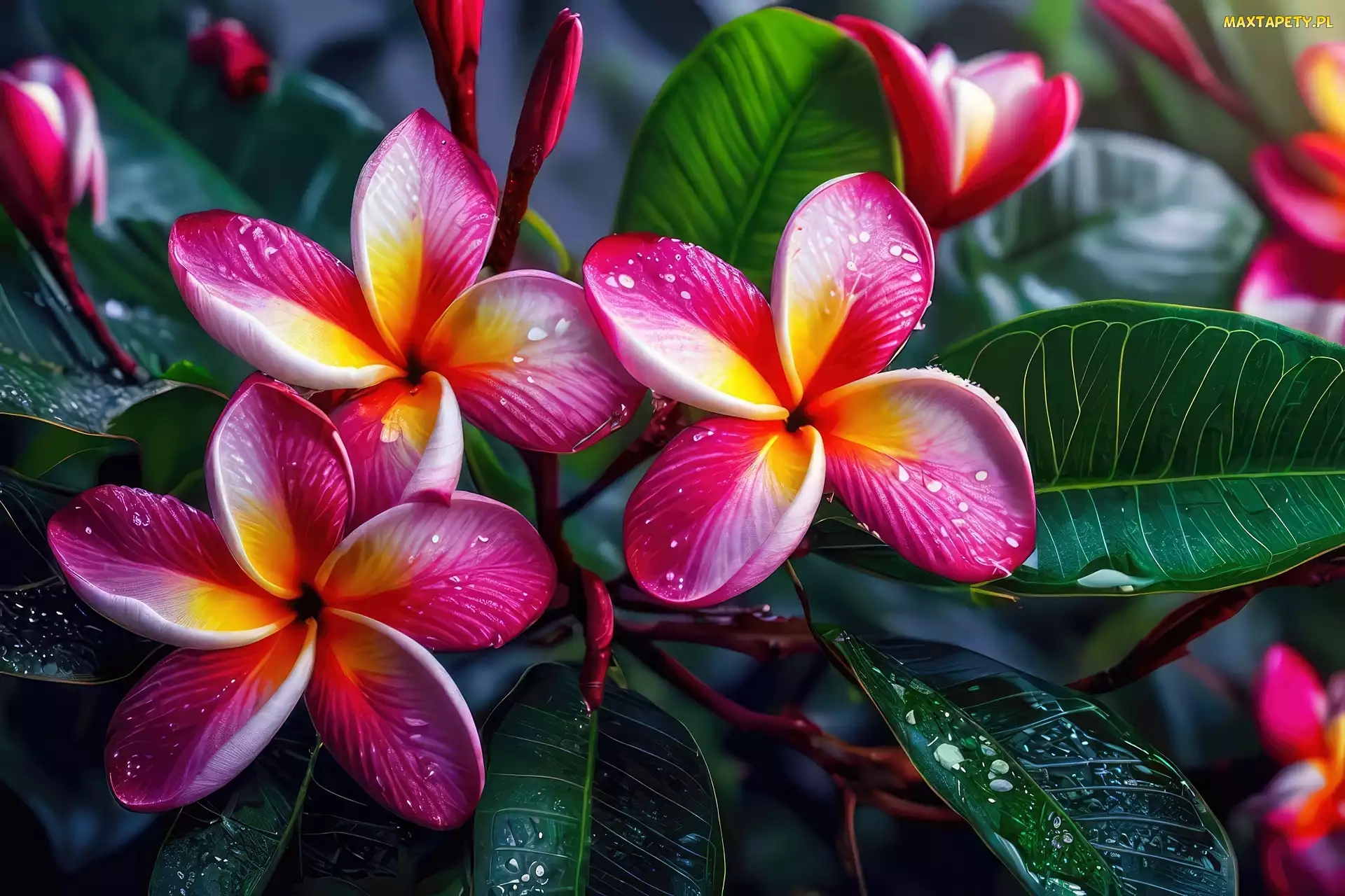 Kwiaty, Grafika, Liście, Pąki, Plumeria