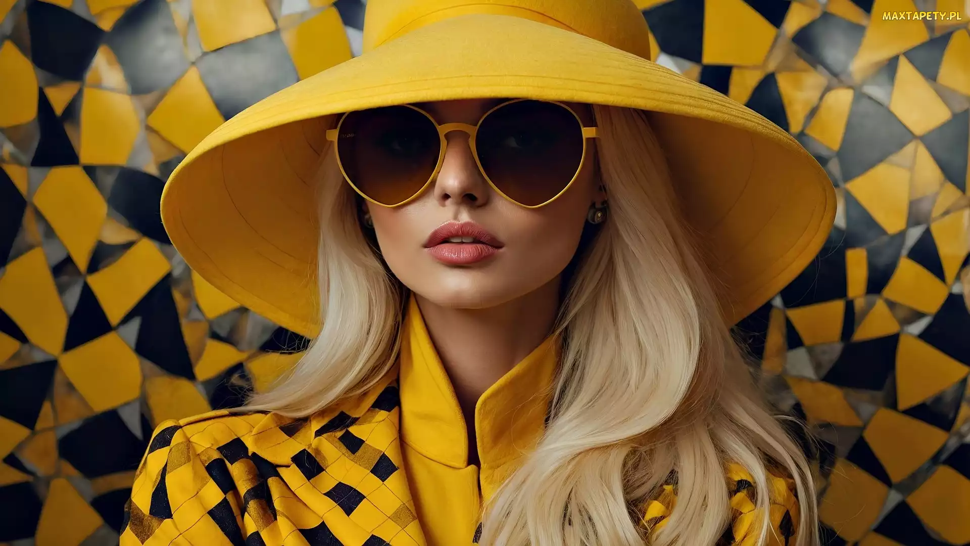 Blondynka, Strój, Kobieta, Żółty, Czarno-żółte, Kapelusz, Tło, Okulary