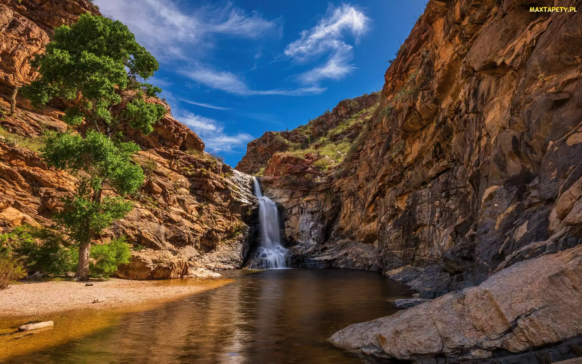 Tanque Verde Falls, Wodospad, Arizona, Drzewa, Skały, Stany Zjednoczone, Tucson