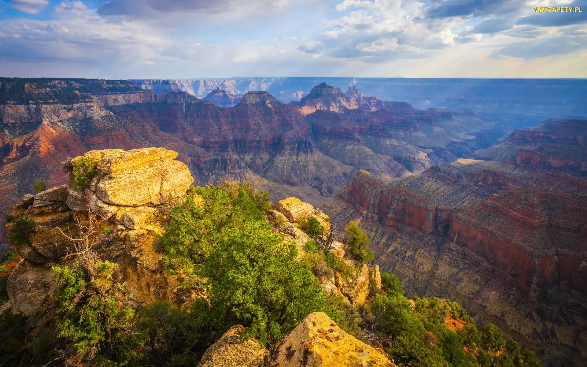 Skały, Arizona, Drzewa, Stany Zjednoczone, Chmury, Park Narodowy Wielkiego Kanionu, Góry, Kanion, Grand Canyon