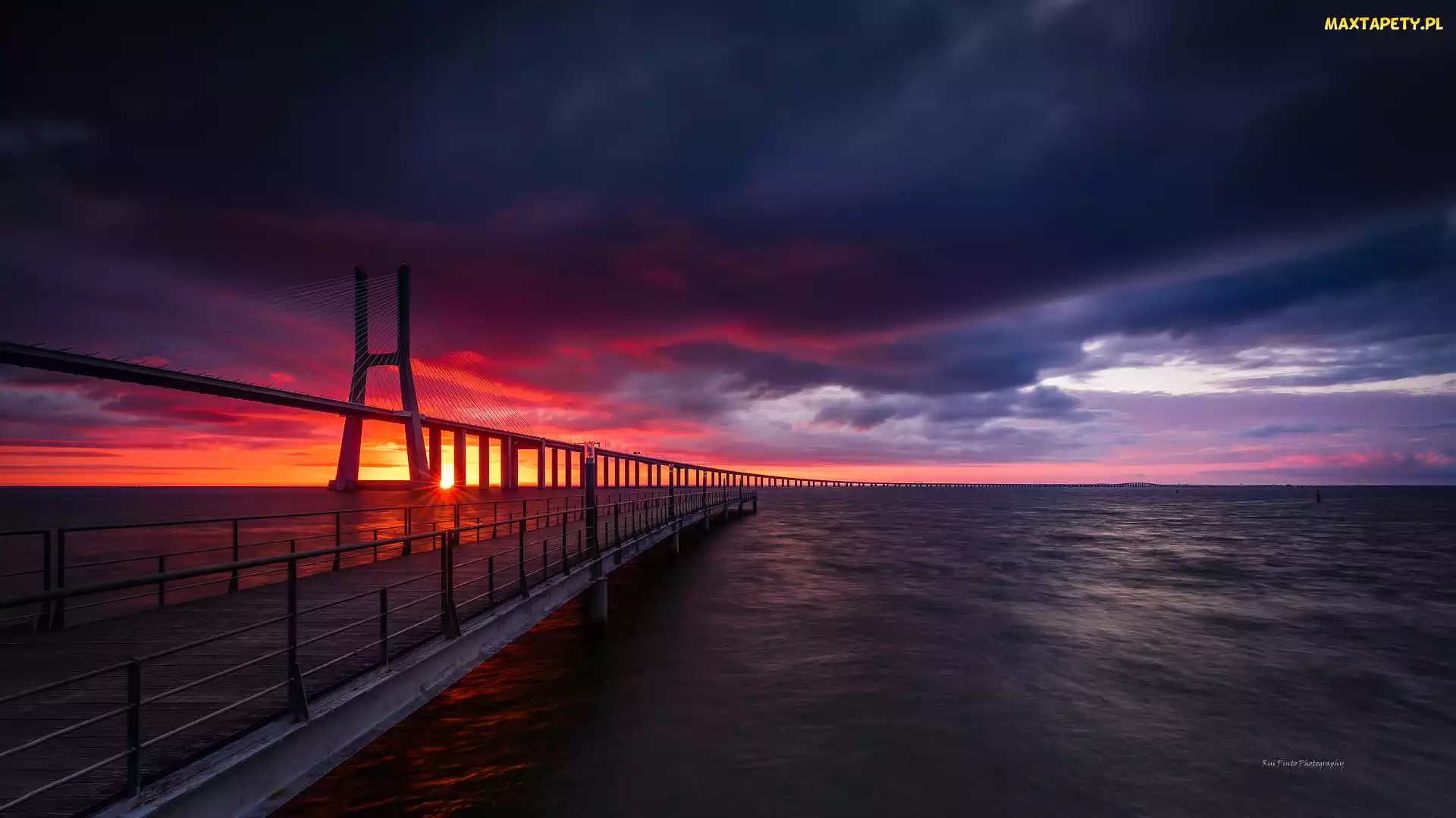 Lizbona, Vasco da Gama Bridge, Tag, Portugalia, Most, Rzeka, Zachód słońca