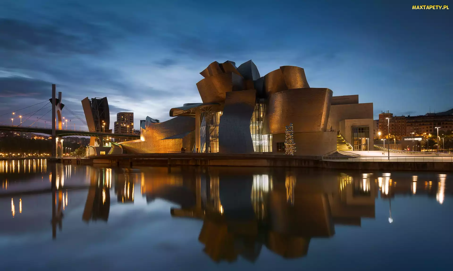 Światła, Most, Bilbao, Noc, Rzeka Nervion, Hiszpania, Muzeum Guggenheima