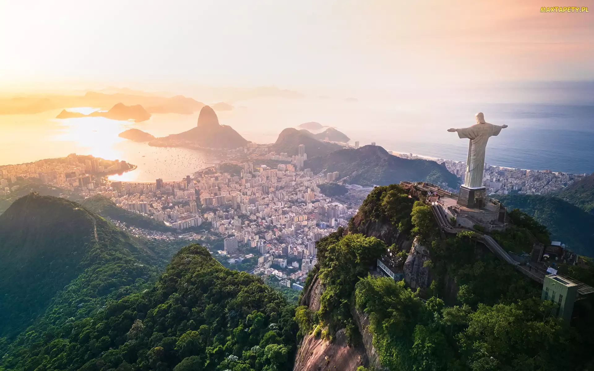 Góry, Domy, Rio de Janeiro, Statua Chrystusa Zbawiciela, Mgła, Brazylia, Ocean