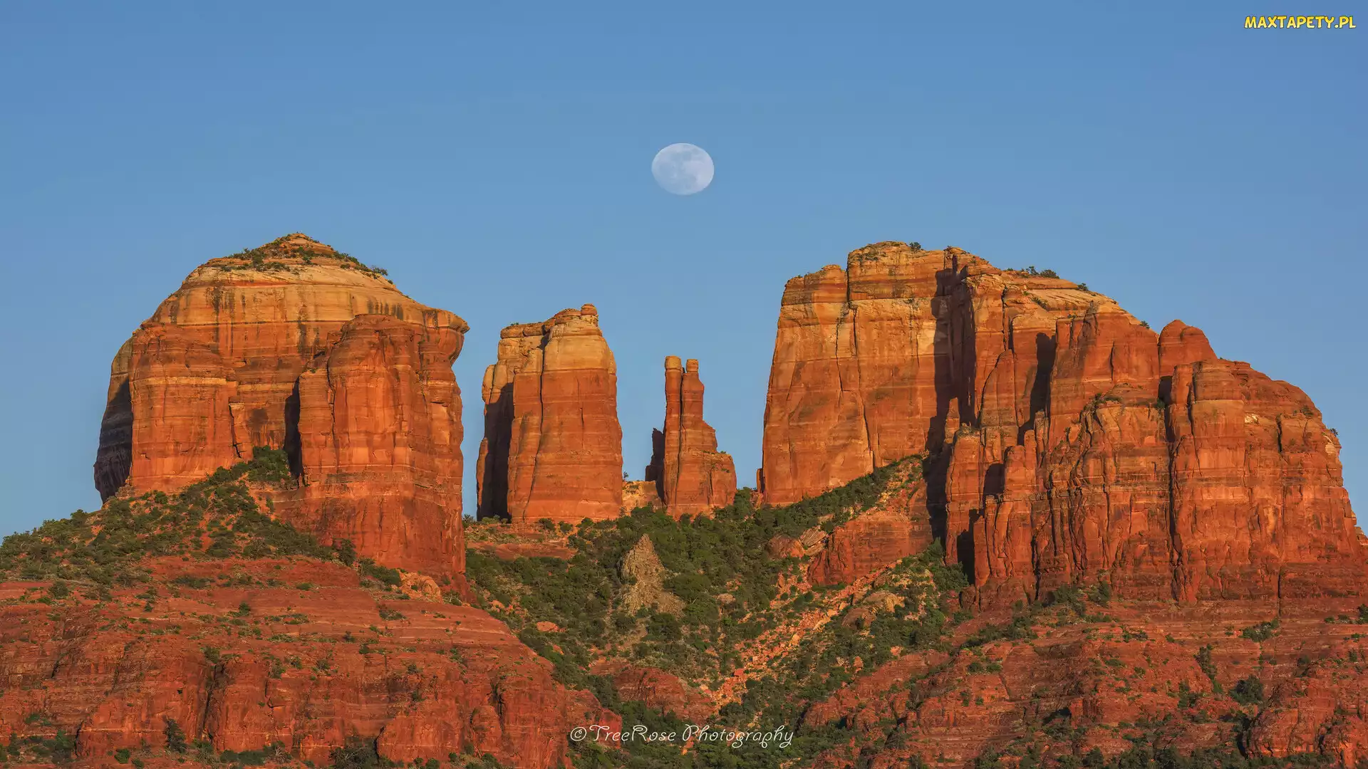 Księżyc, Arizona, Cathedral Rocks, Stany Zjednoczone, Sedona, Krzewy, Wschód słońca, Czerwone, Skały