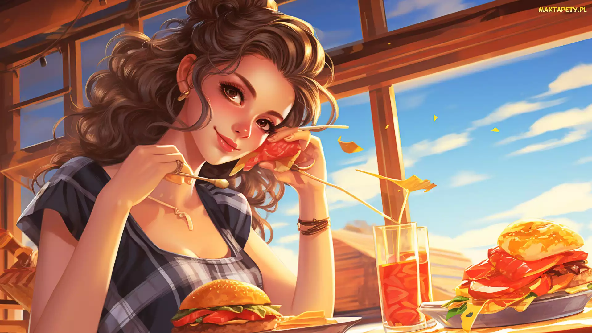 Hamburger, Drink, Sukienka, Dziewczyna, Lunch, Pomarańczowy