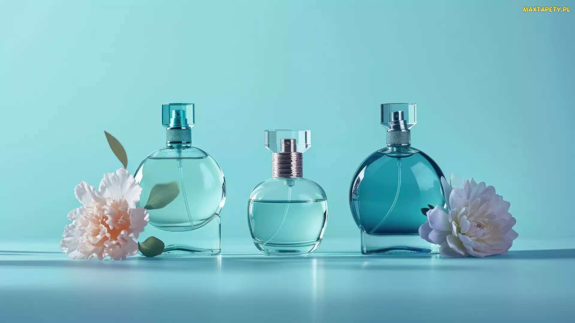 Flakon, Tło, Niebieskie, Kwiaty, Perfumy