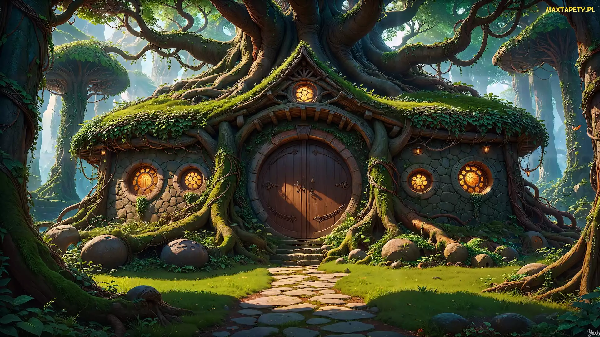 Ścieżka Fantasy, Omszały, Fantazja, Grafika, Drzewa, Dom