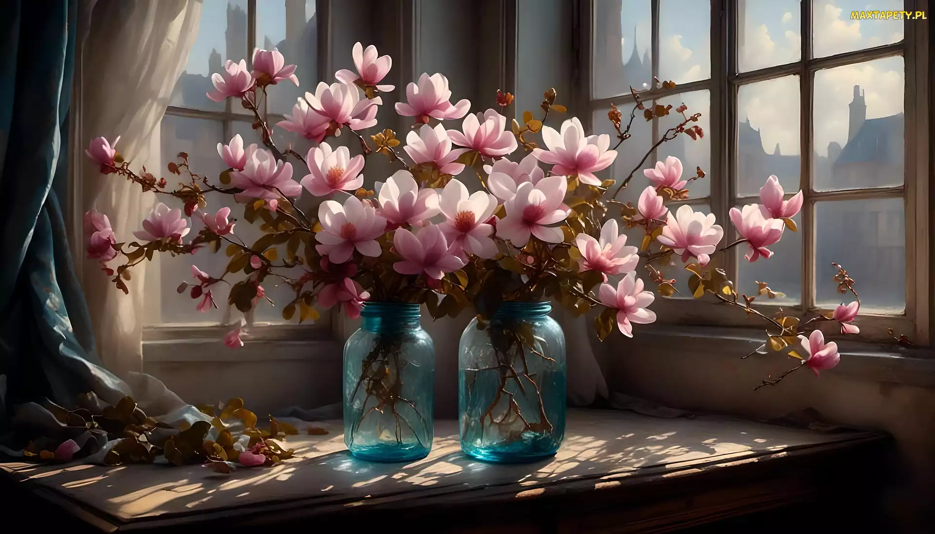 Magnolia, Okno, Stół, Słoiki, Kwiaty