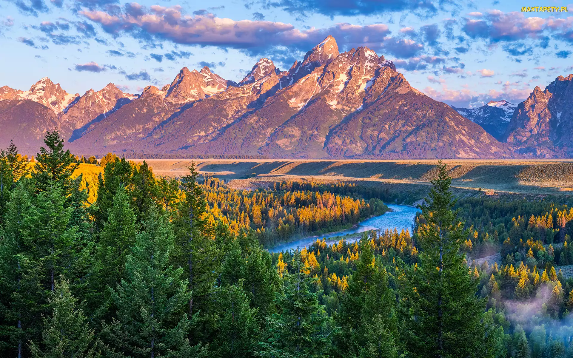 Stany Zjednoczone, Góry, Drzewa, Szczyty, Lasy, Snake River, Wyoming, Park Narodowy Grand Teton, Rzeka