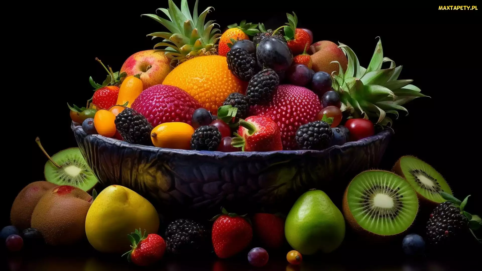 Ananas, Jeżyny, Owoce, Miska, Kiwi, Kompozycja, Cytrusy