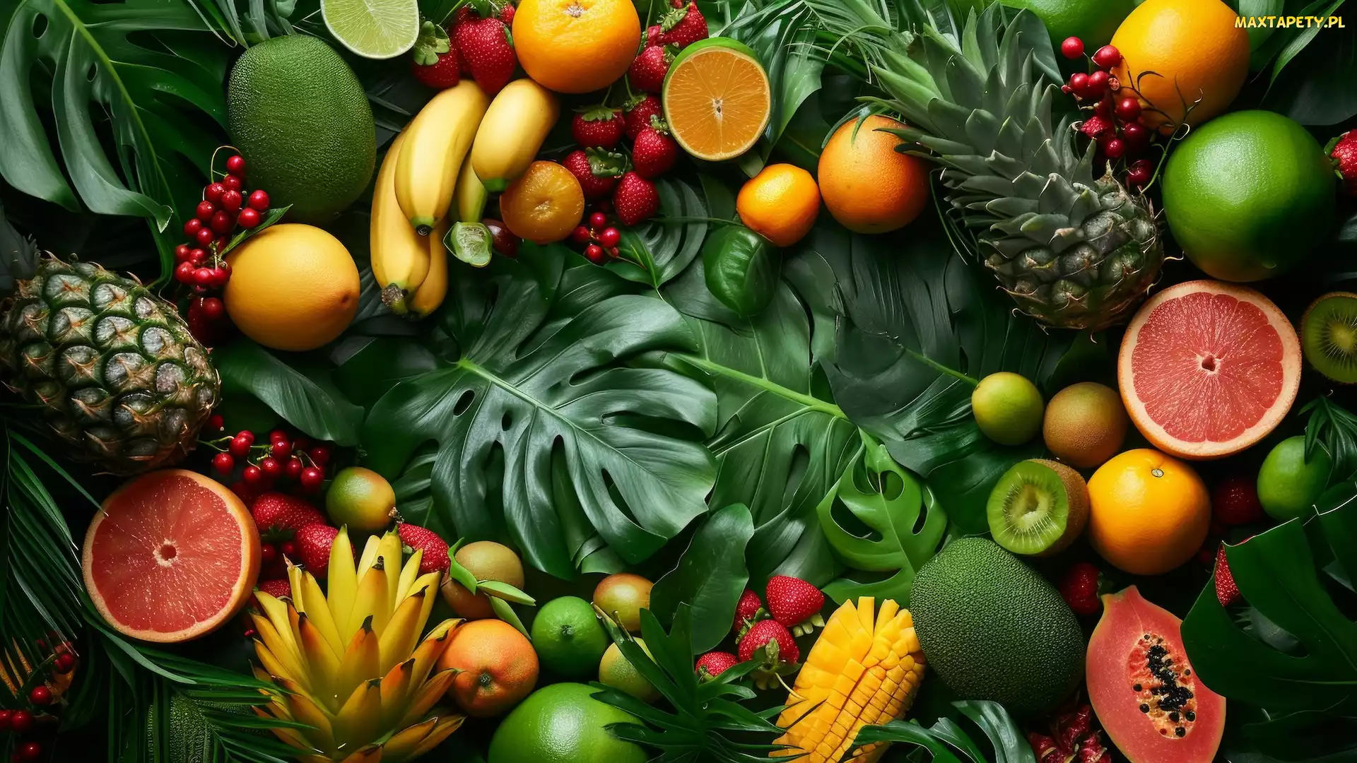 Cytrusy, Banany, Owoce, Kompozycja, Liście, Ananas