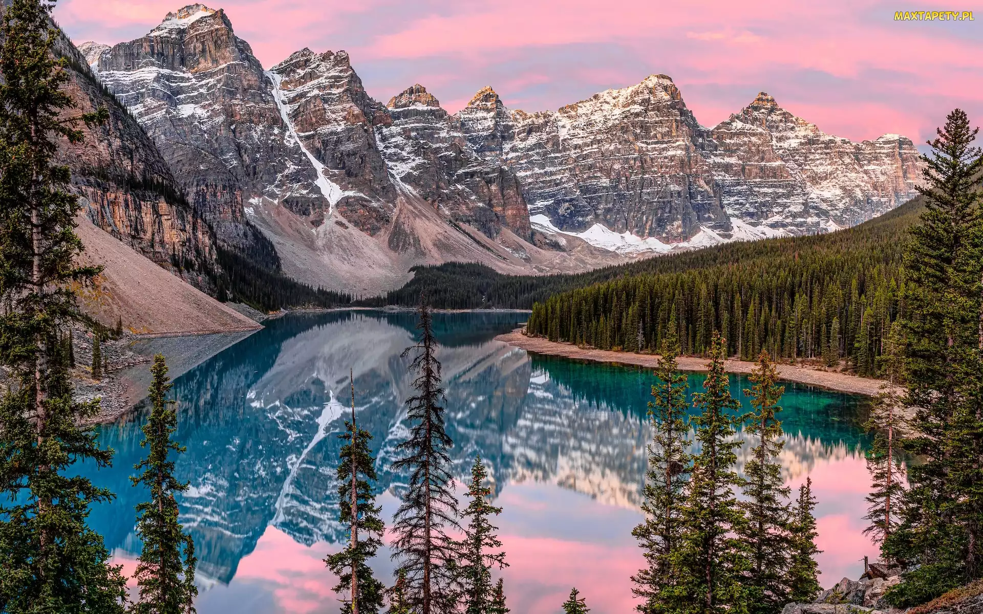 Drzewa, Moraine, Alberta, Góry, Jezioro, Kanada, Park Narodowy Banff