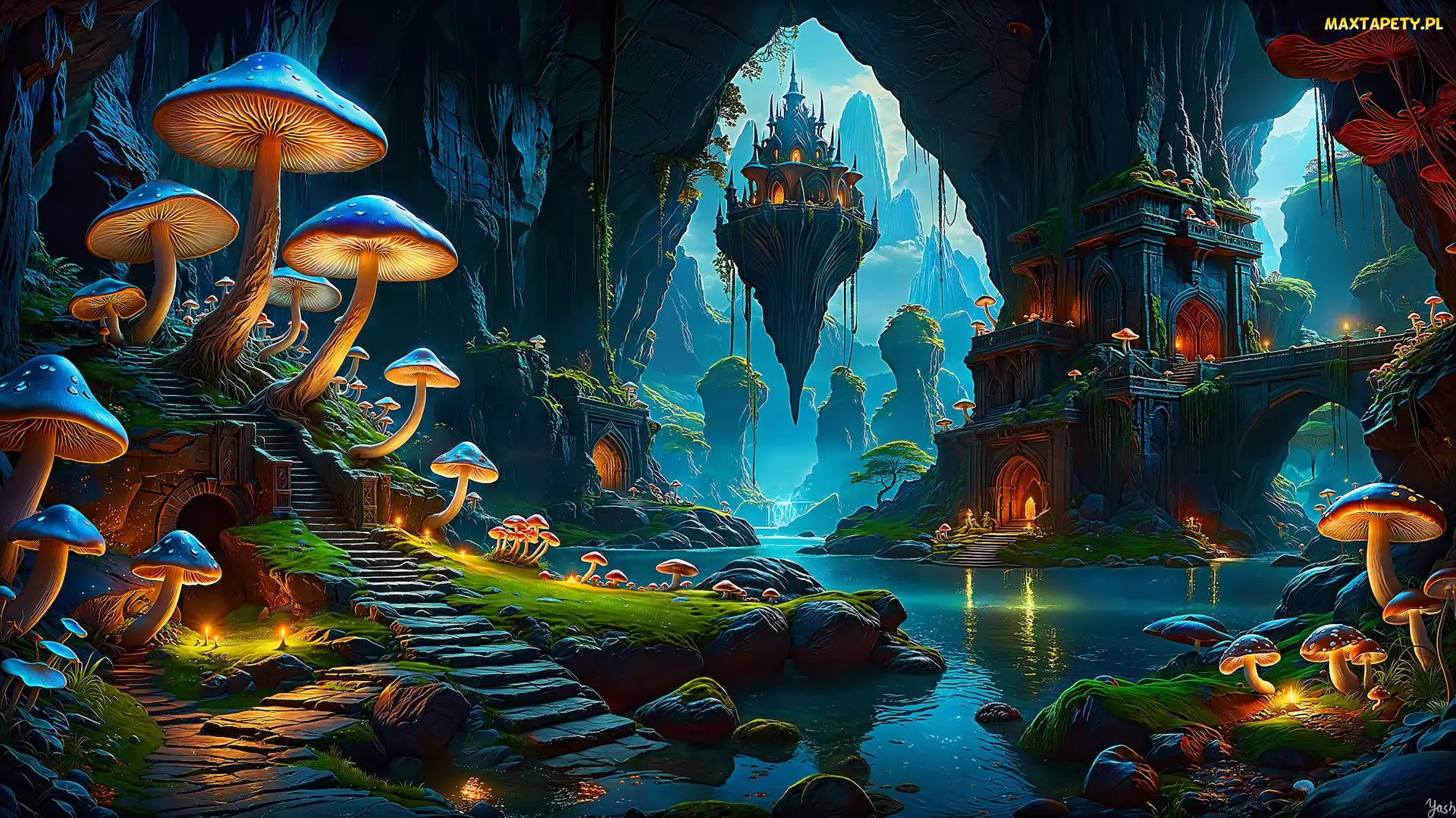Fantasy, Schody, Jaskinia, Rzeka, Drzewa, Grzyby