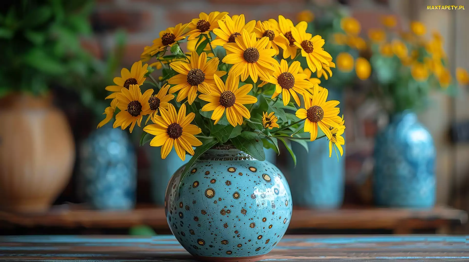 Wazon, Niebieski, Żółte, Bukiet, Kwiaty, Rudbekia