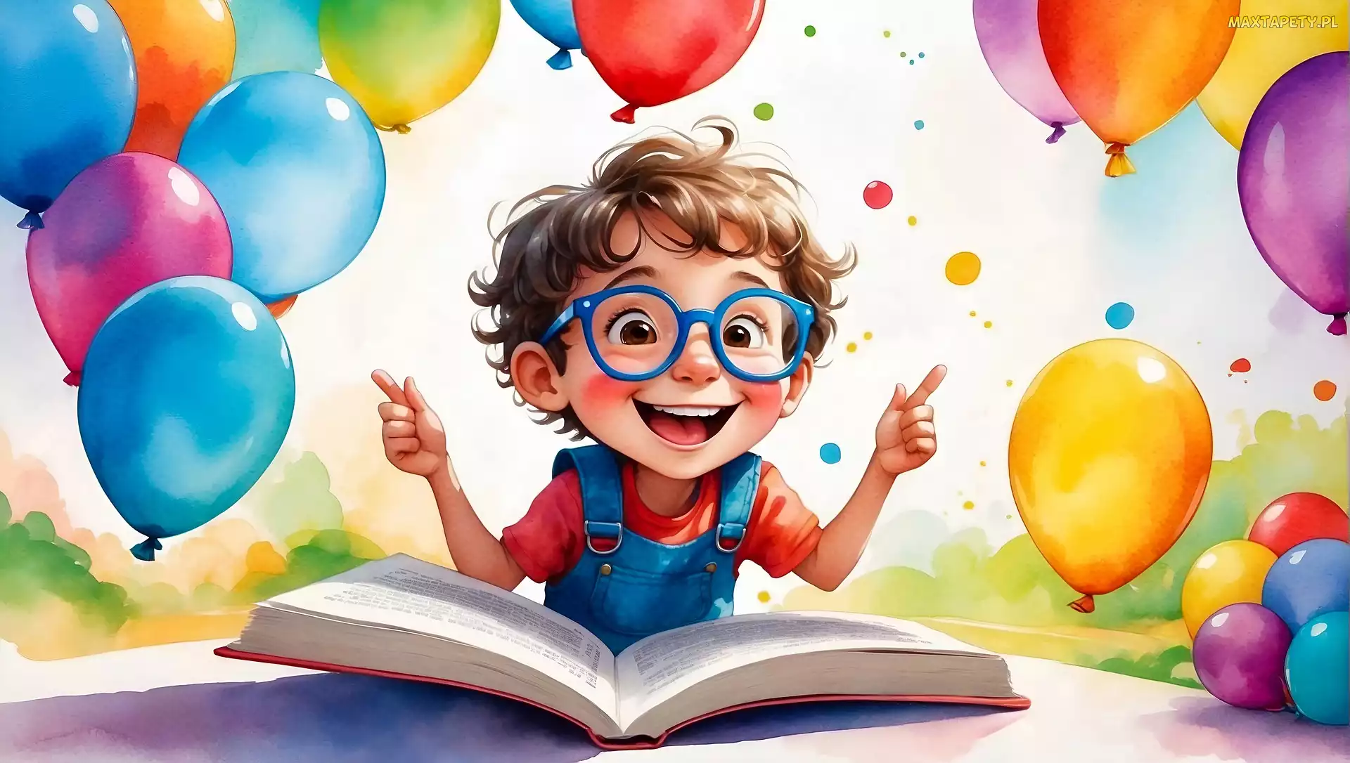 Książka, Balony, Uśmiech, 2D, Okulary, Chłopiec, Radość