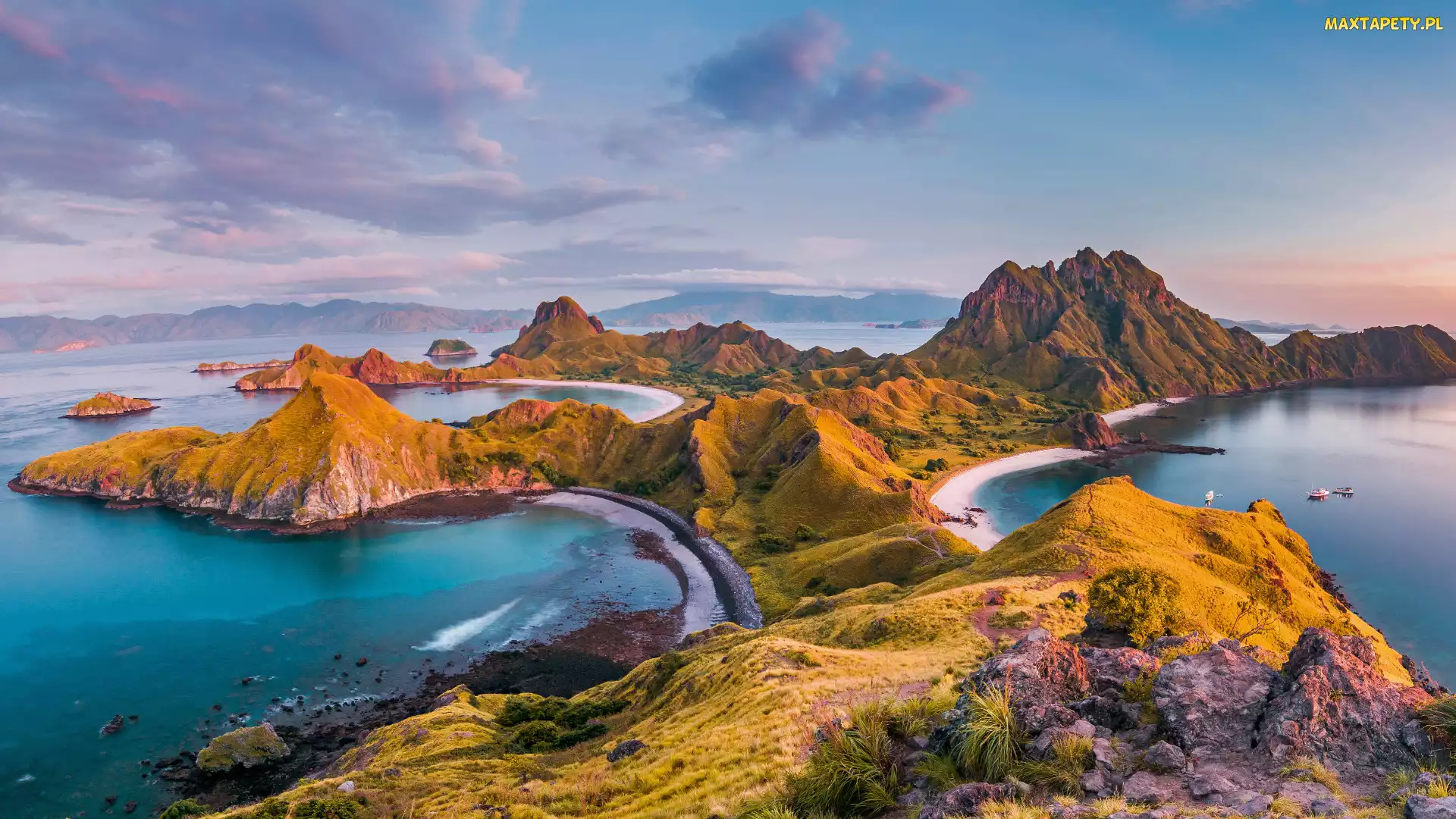 Wyspa Bali, Skały, Indonezja, Góry, Morze, Park Narodowy Komodo, Łódź, Rośliny