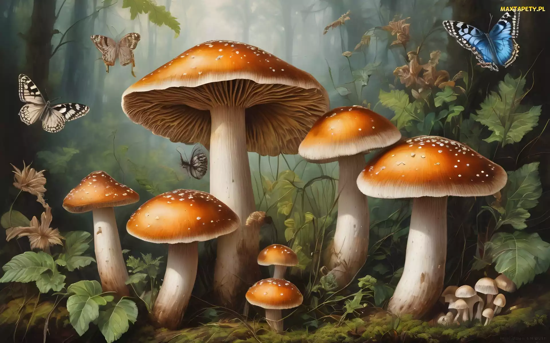 Grzyby, Liście, Las, Motyle, Grafika