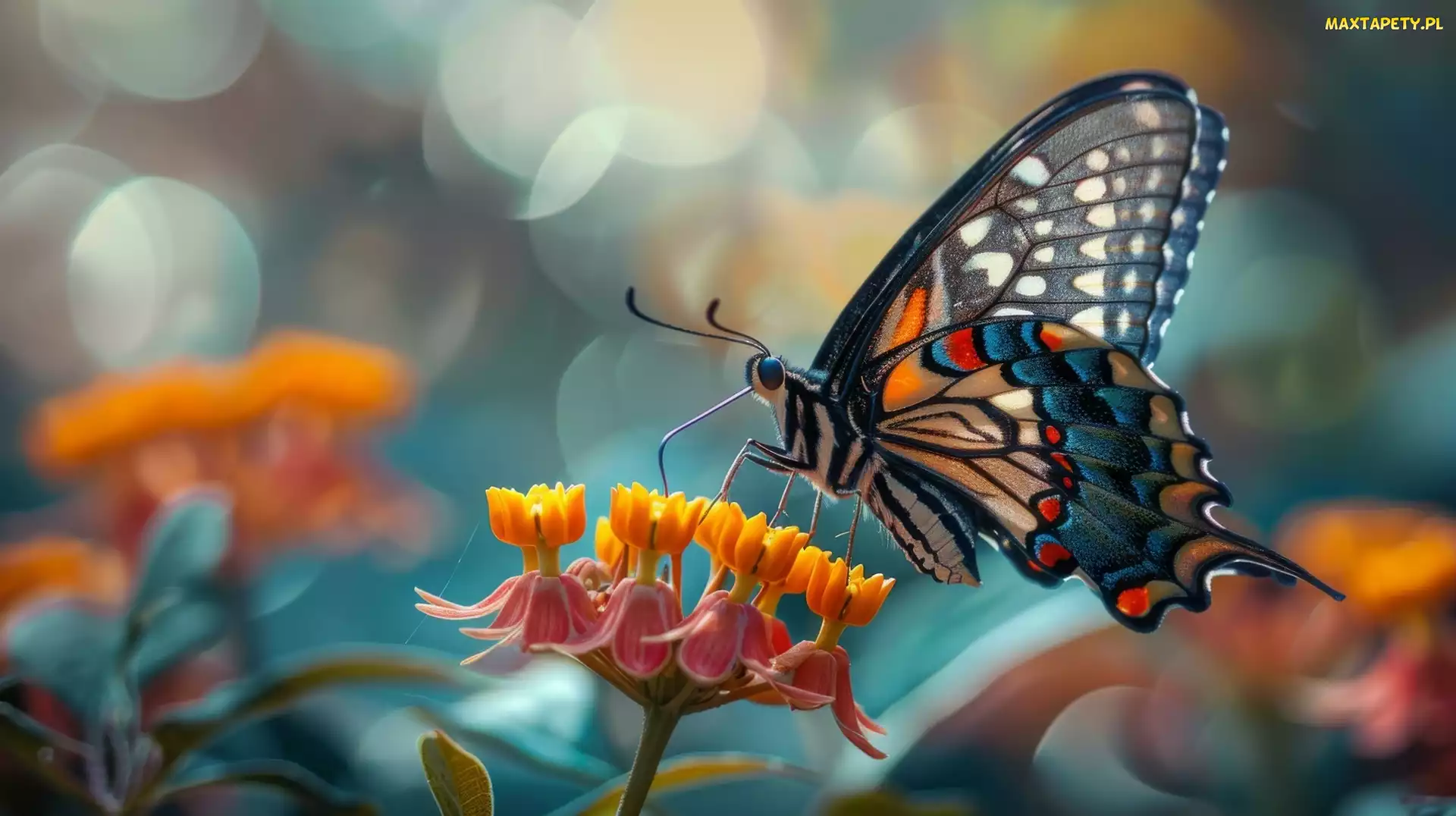 Grafika, Motyl, Żółte, Kwiaty
