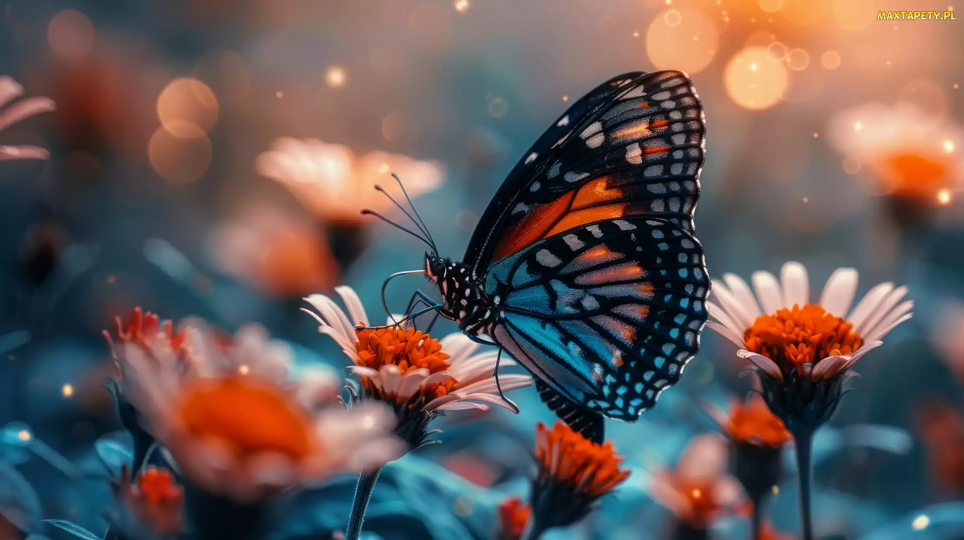 Kwiaty, Białe, Niebiesko-pomarańczowy, Motyl