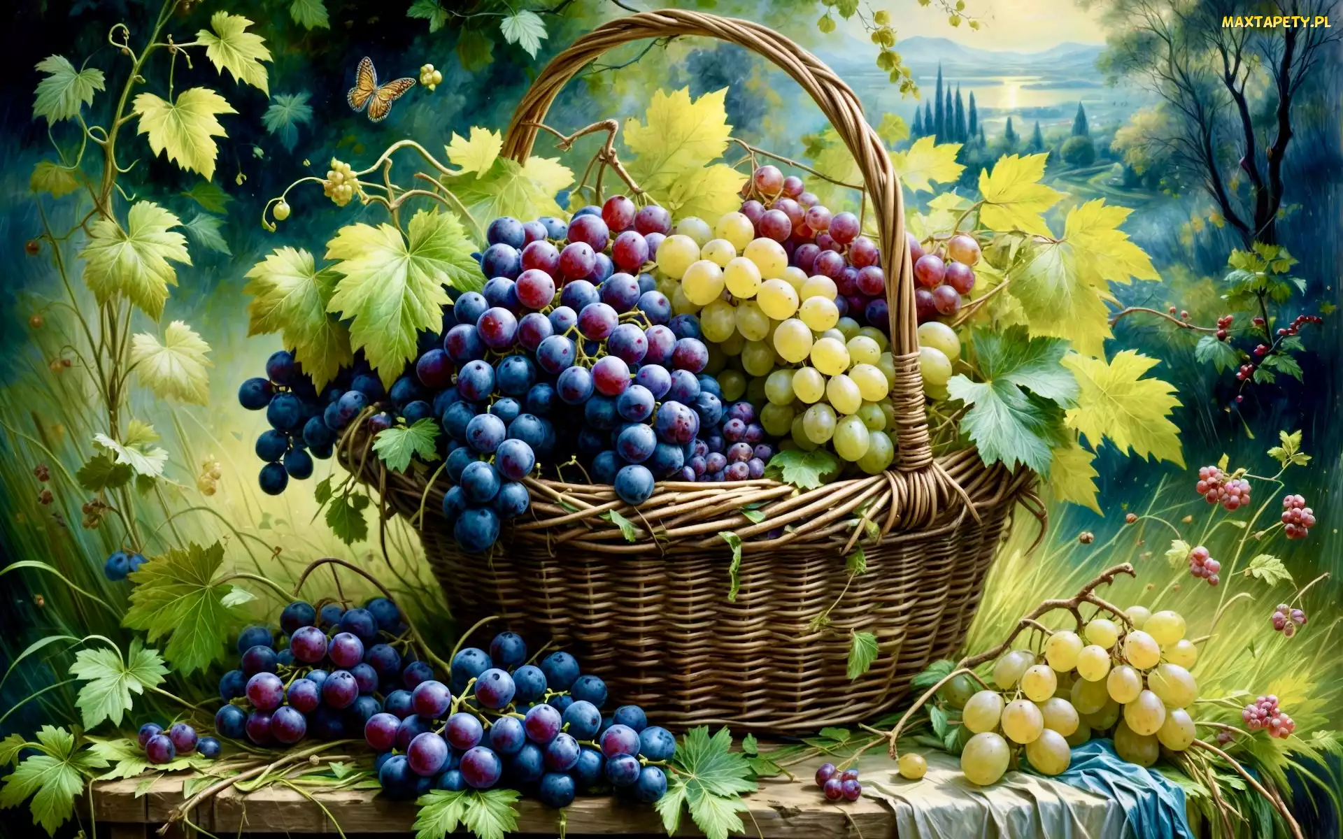 Liście, Winogrona, Grafika, Koszyk