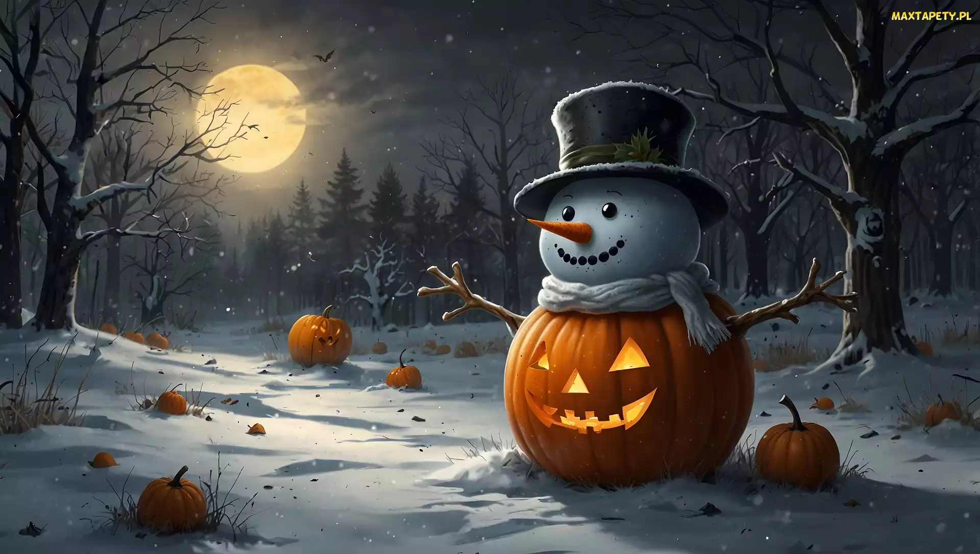 Las, Księżyc, Dynia, Grafika, Halloween, Kapelusz, Zima, Śnieg, Bałwan