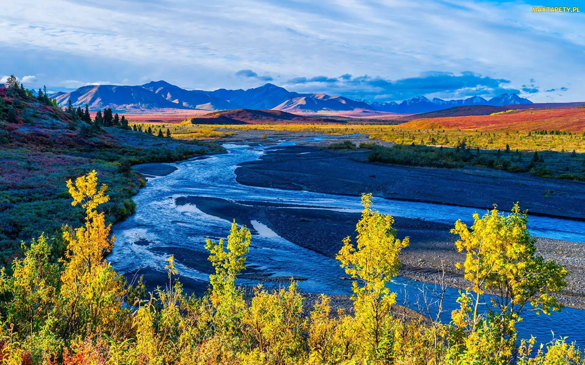 Stany Zjednoczone, Niebo, Jesień, Alaska, Rzeka, Góry, Savage River, Drzewa, Park Narodowy Denali, Roślinność