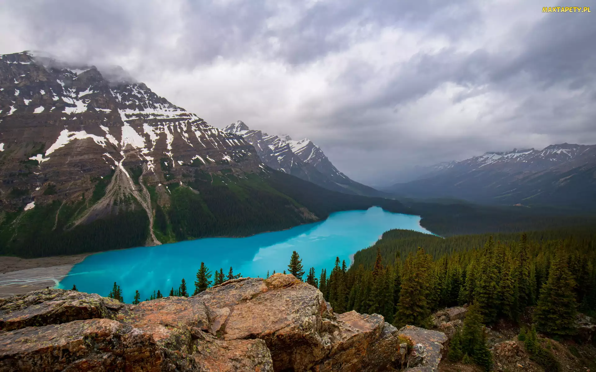 Park Narodowy Banff, Prowincja Alberta, Chmury, Kanada, Kamienie, Lasy, Jezioro, Peyto Lake, Góry