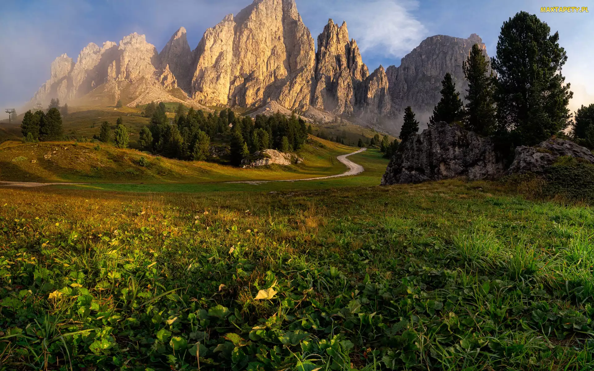 Dolomity, Droga, Góry, Łąki, Południowy Tyrol, Mgła, Włochy, Drzewa