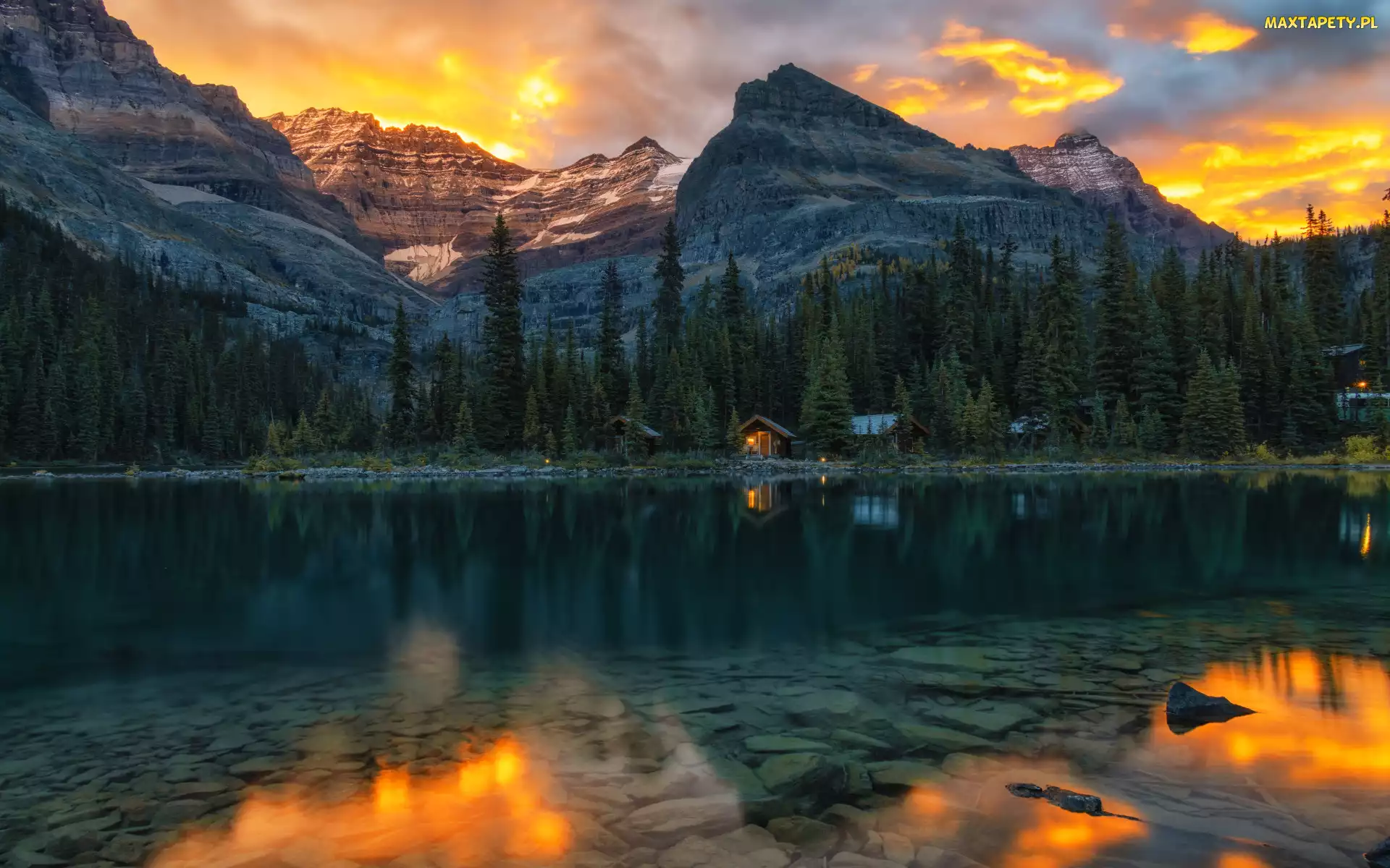 Park Narodowy Yoho, Domy, Lake OHara, Jezioro, Alberta, Zachód Słońca, Drzewa, Góry, Las, Odbicie, Canadian Rocky Mountains, Niebo, Kanada, Chmury