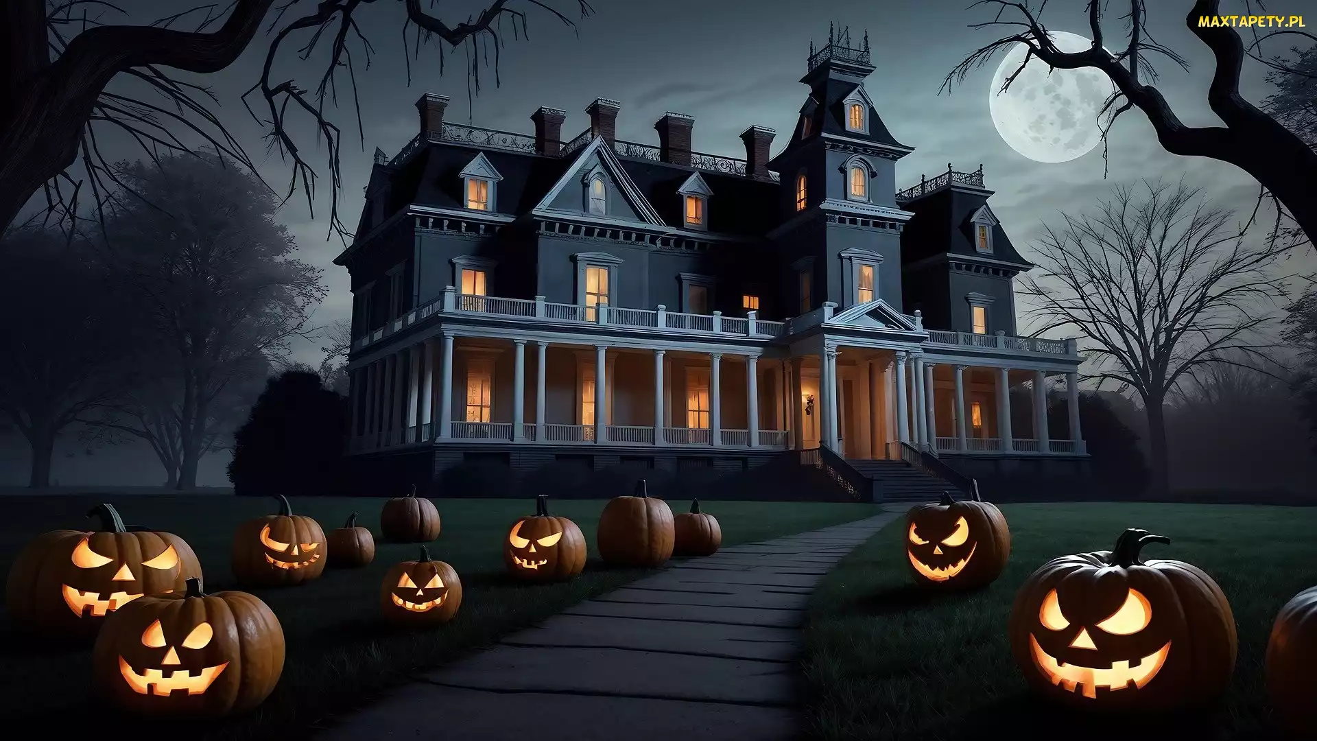 Noc, Dynie, Halloween, Świecące, Drzewa, Dom, Księżyc, Droga