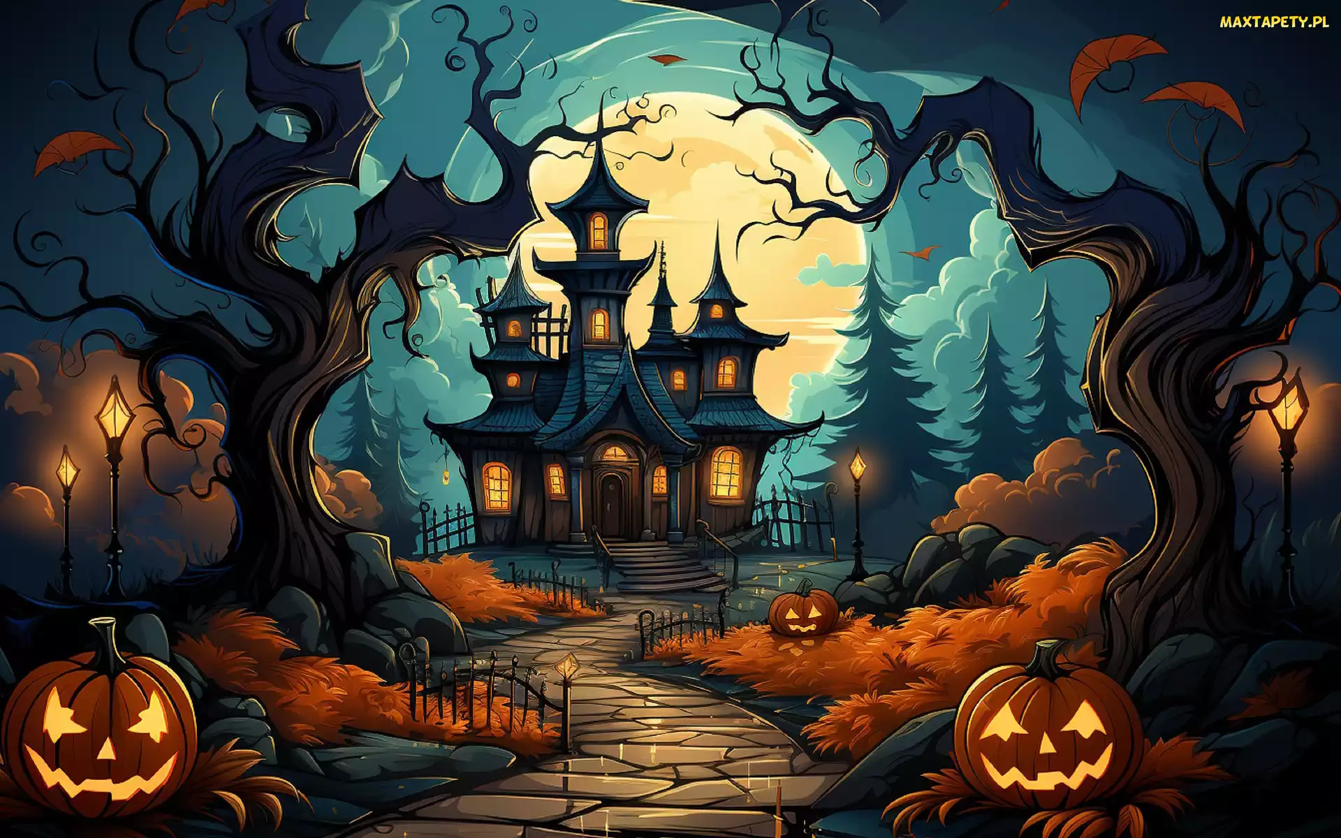 Halloween, Drzewa, Grafika, Księżyc, Dynie, Noc, Zamek, Droga