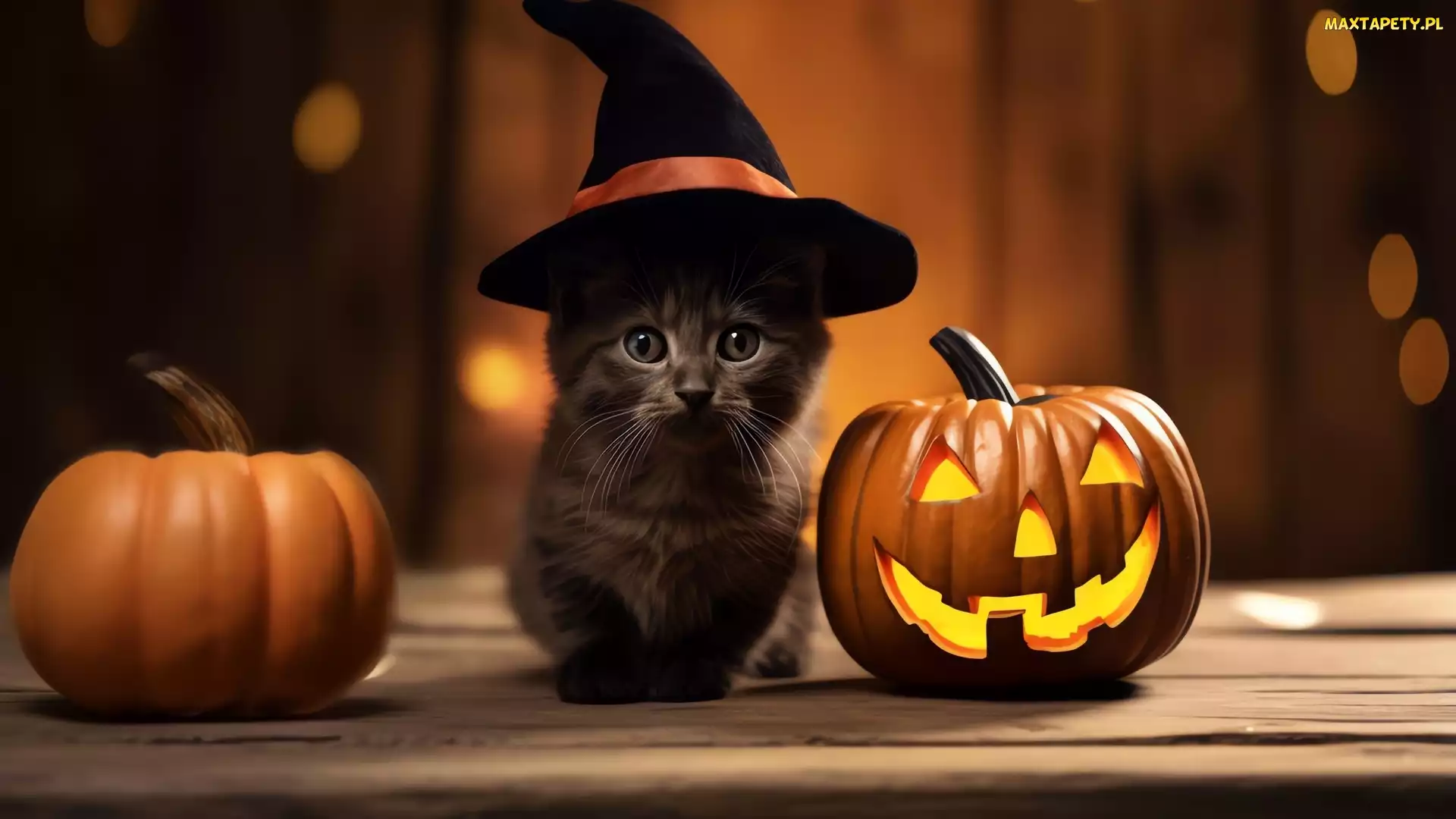 Halloween, Dynie, Kot, Mały, Kapelusz, Czarny