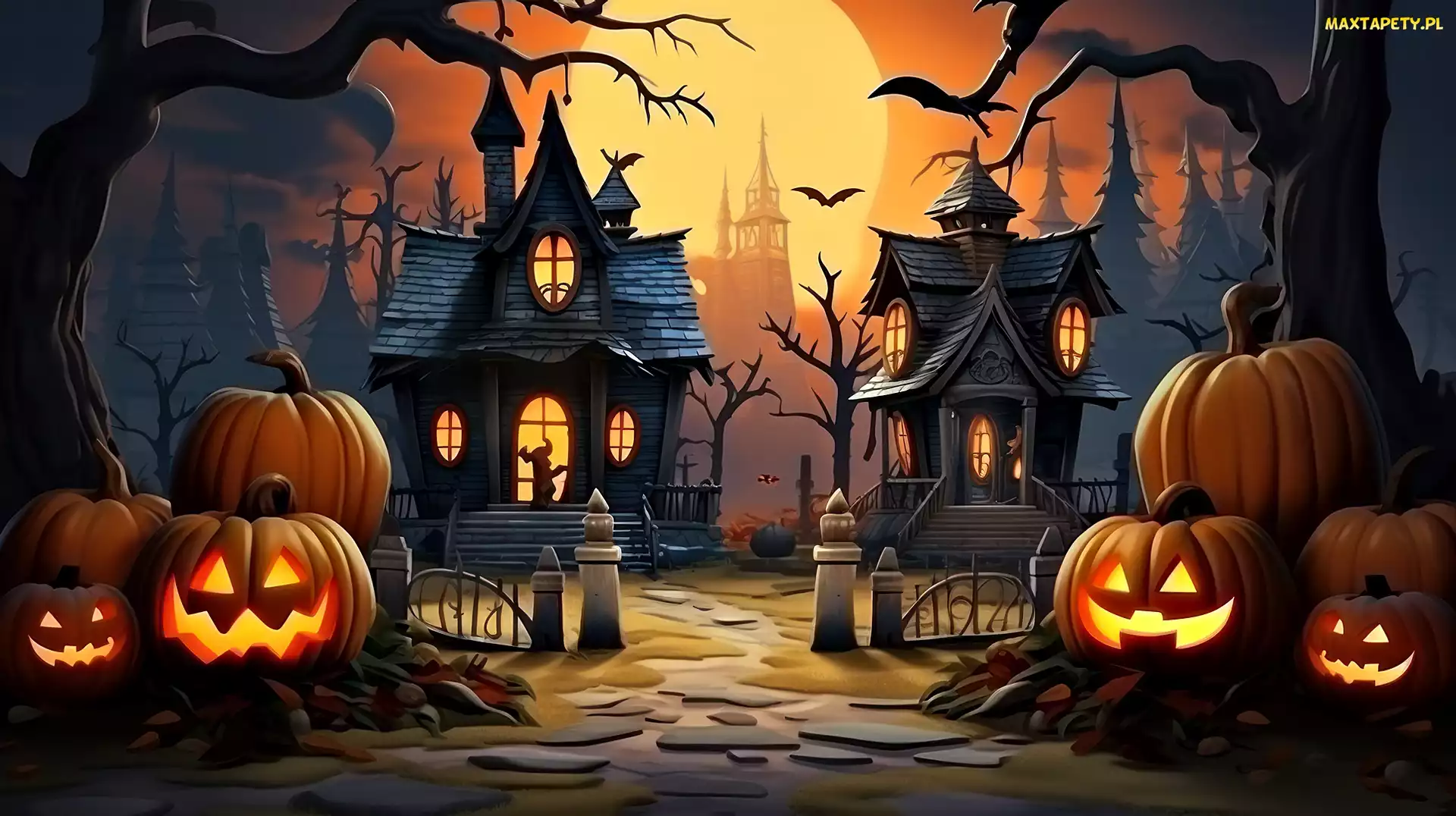 Domy, Grafika, Halloween, Księżyc, Dynie