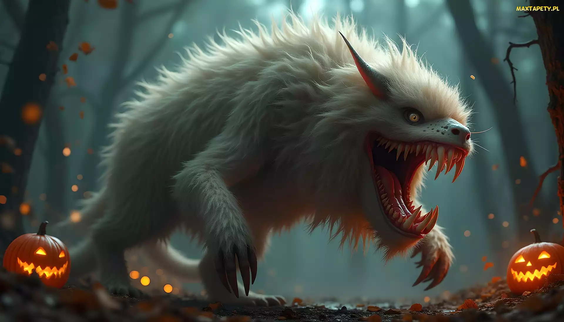 Grafika, Halloween, Stwór, Włochaty, Zęby, Dynie
