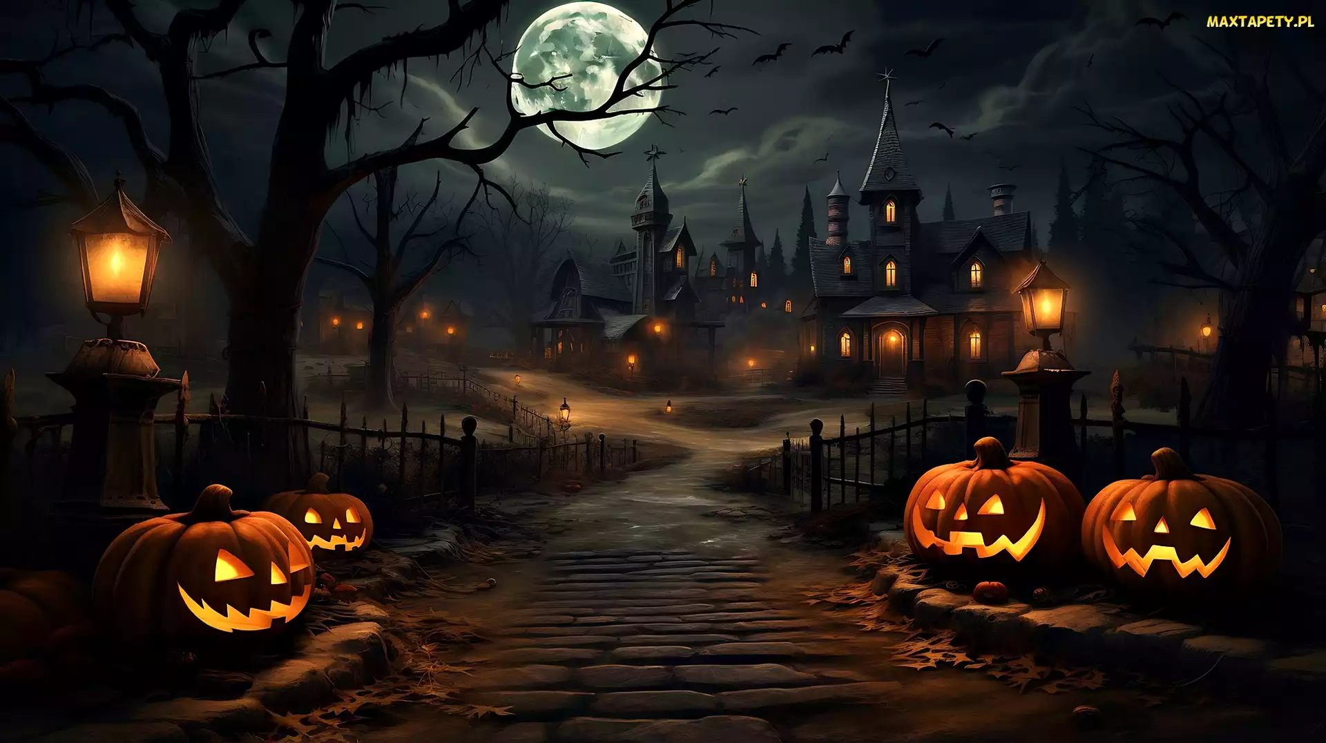 Grafiki, Noce, Dynie, Halloween, Drogi, Domy
