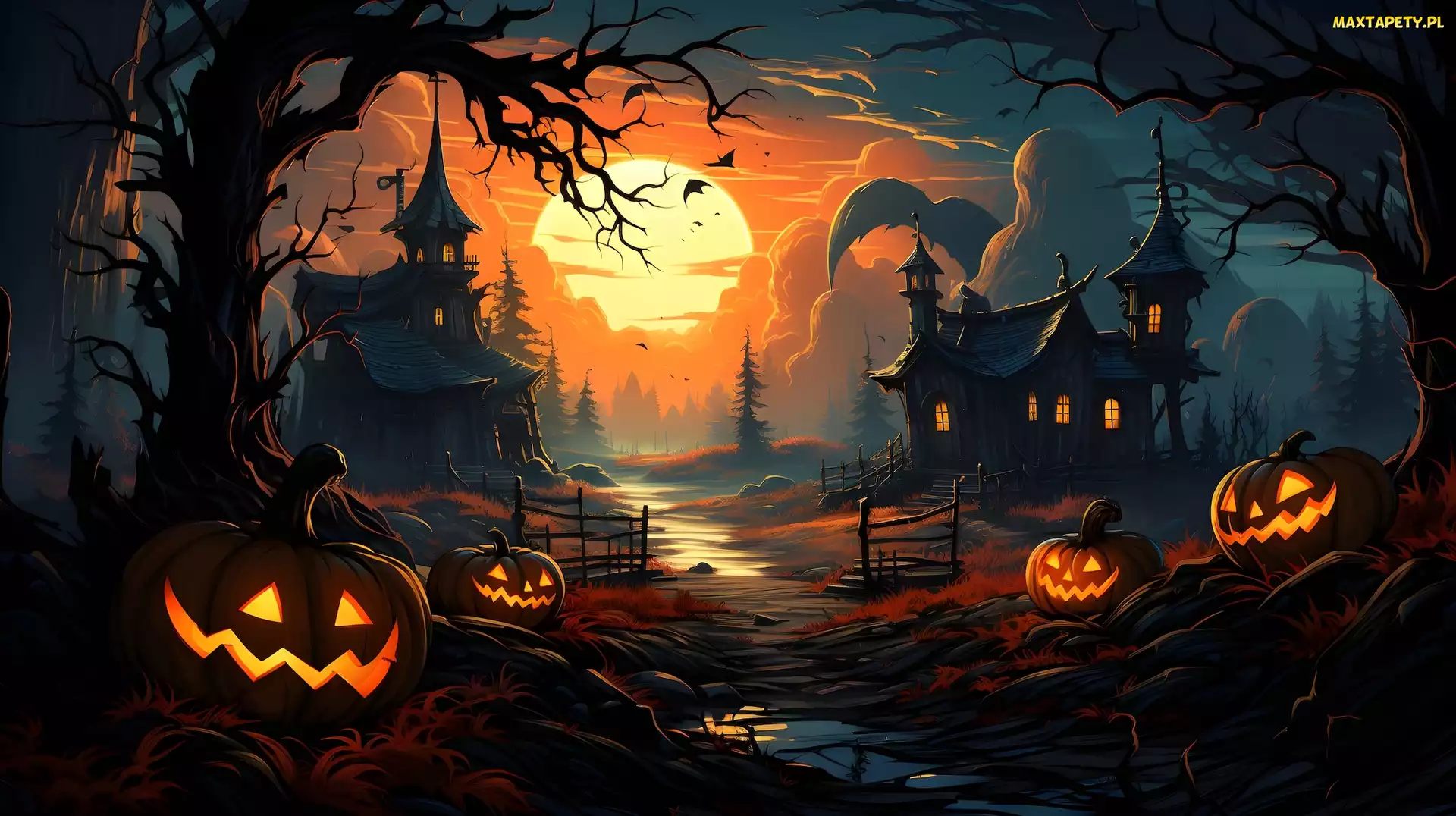 Halloween, Droga, Grafika, Księżyc, Domy, Noc, Drzewa, Dynie