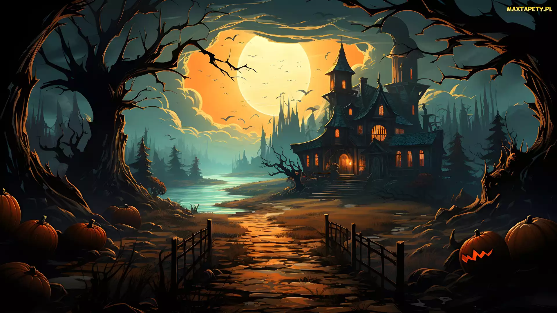 Drzewa, Droga, Noc, Dynie, Zamek, Halloween, Księżyc
