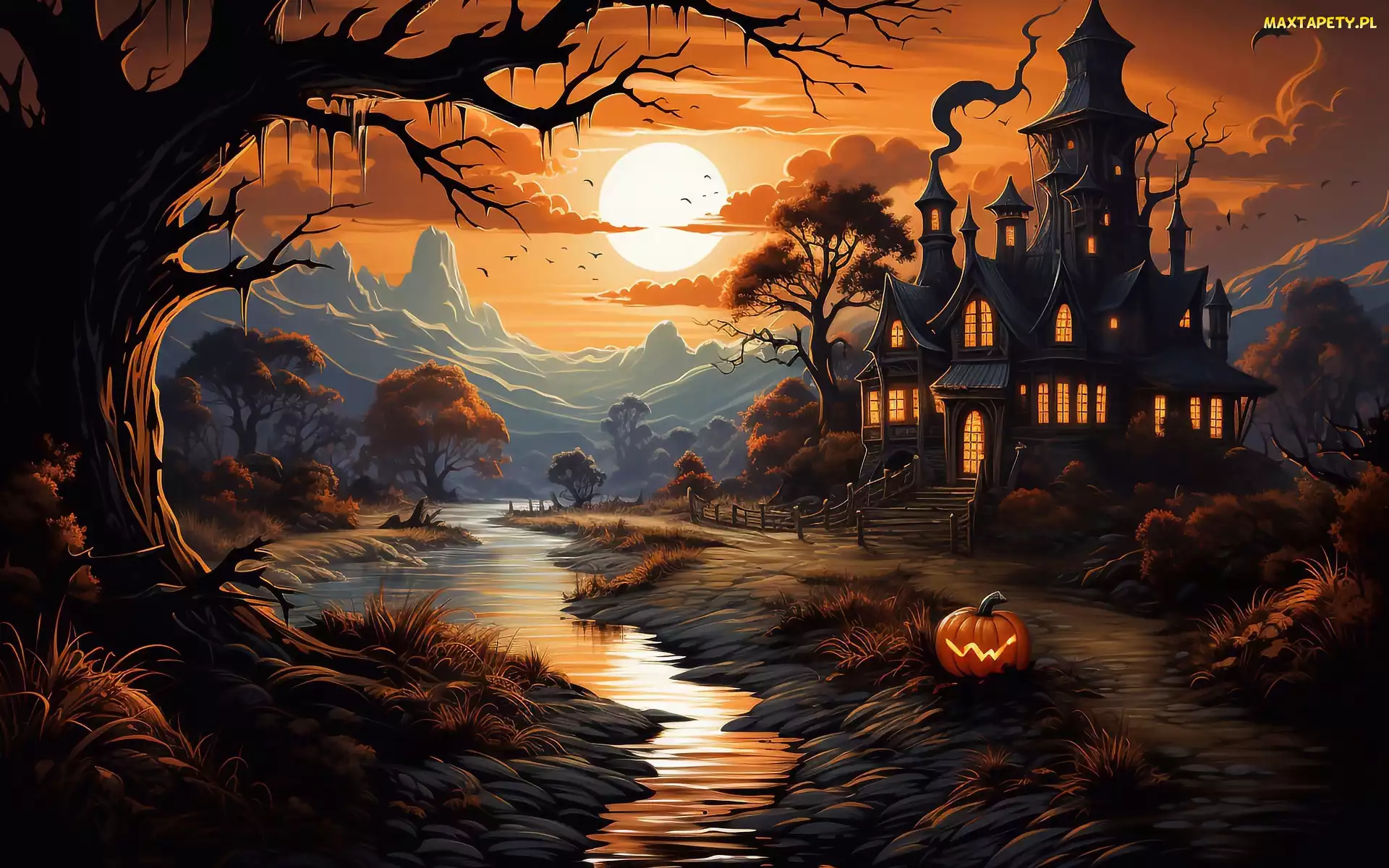 Grafika, Dom, Halloween, Rzeka, Dynia, Góry, Księżyc, Drzewa