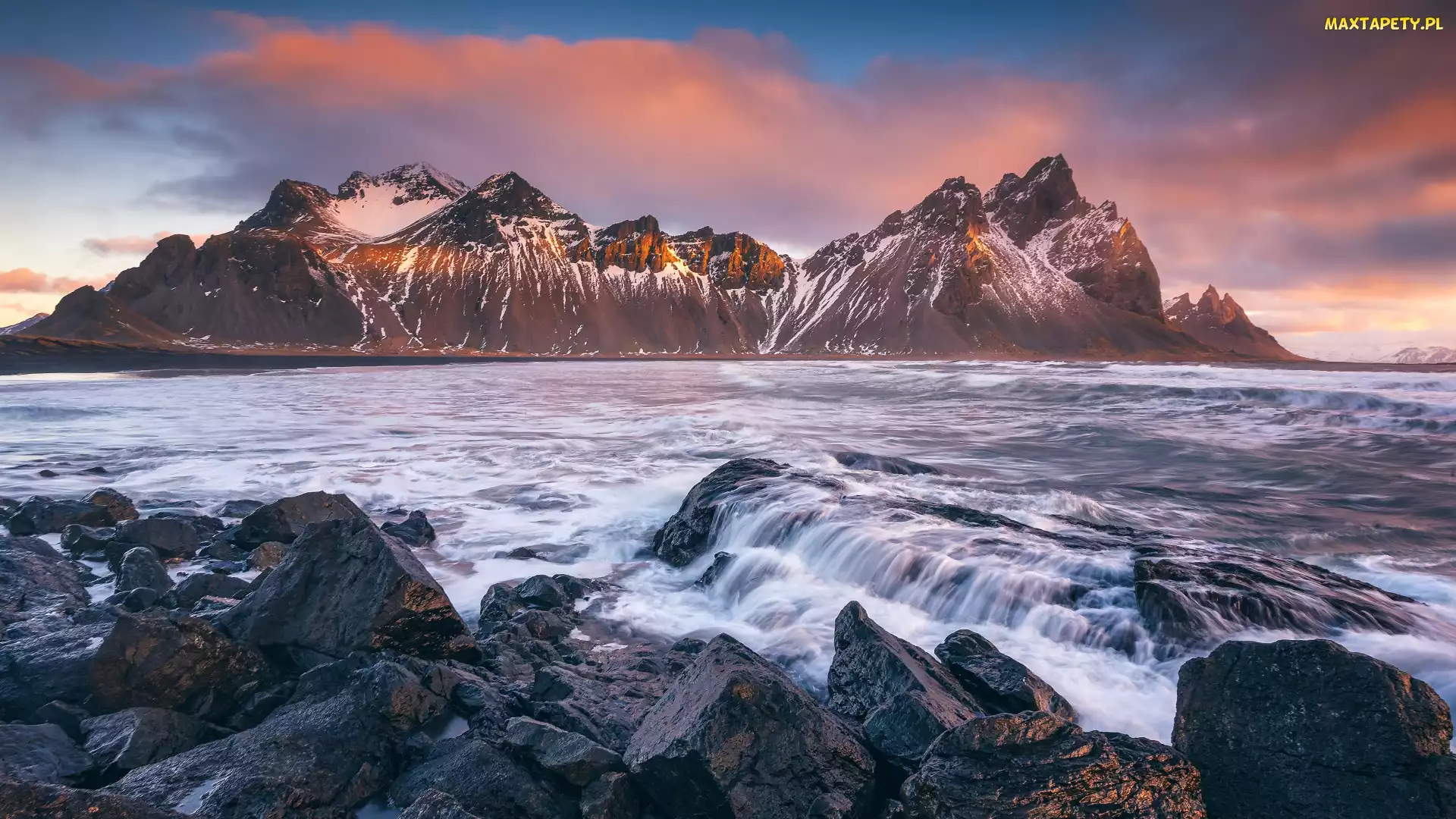 Islandia, Góra Vestrahorn, Skały, Morze, Kamienie, Góry