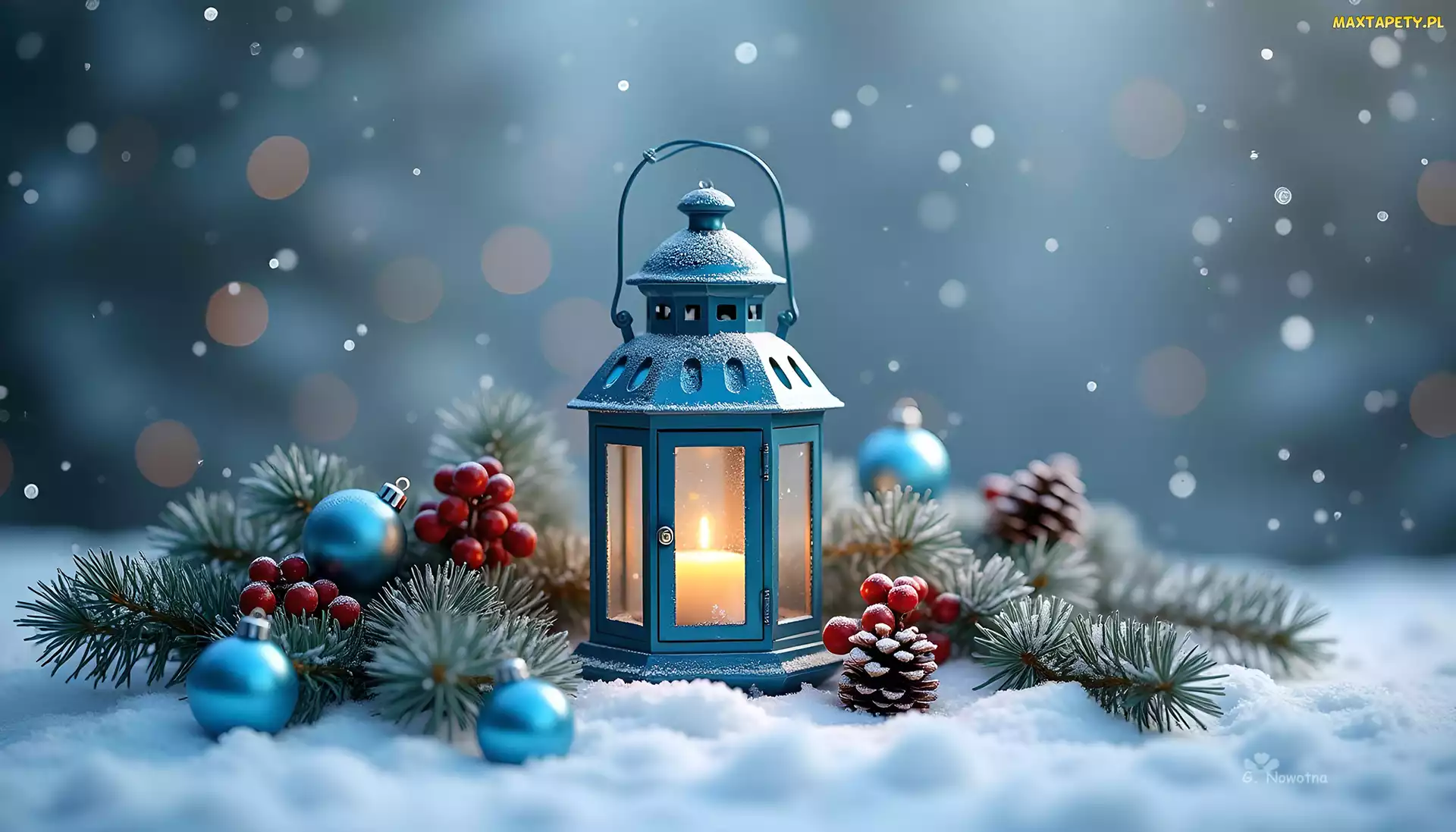 Grafika, Kompozycja, Bombki, Lampion, Szyszki Świerkowe, Śnieg