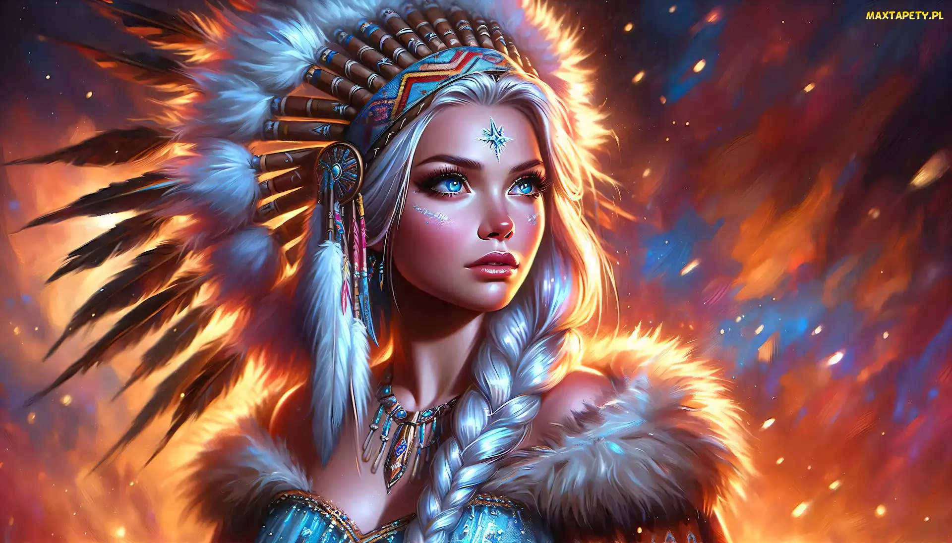 Blondynka, Grafika, Pióropusz, Warkocz, Kobieta