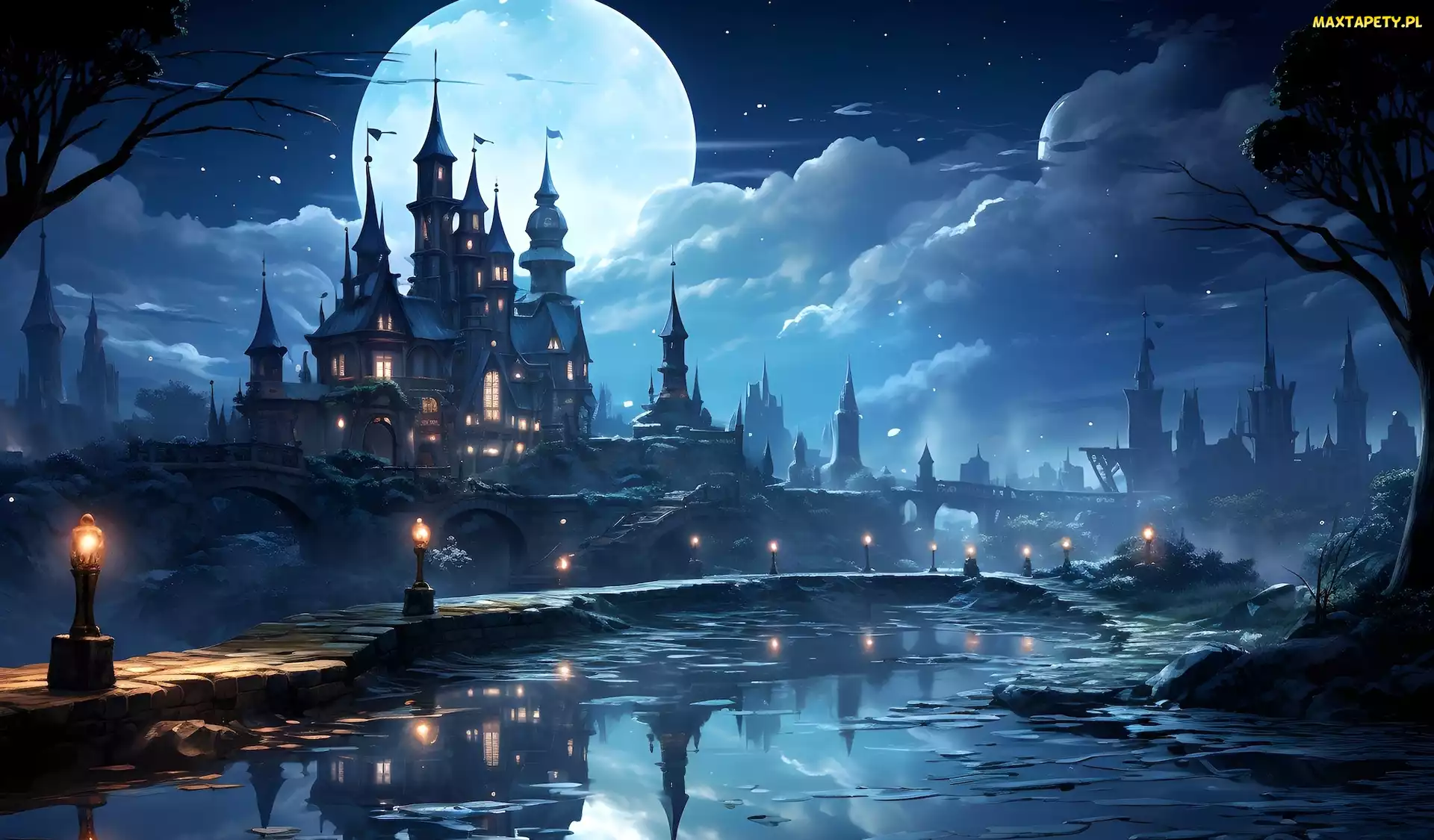 Księżyc, Noc, Drzewa, Fantasy, Zamek, Staw, Oświetlony