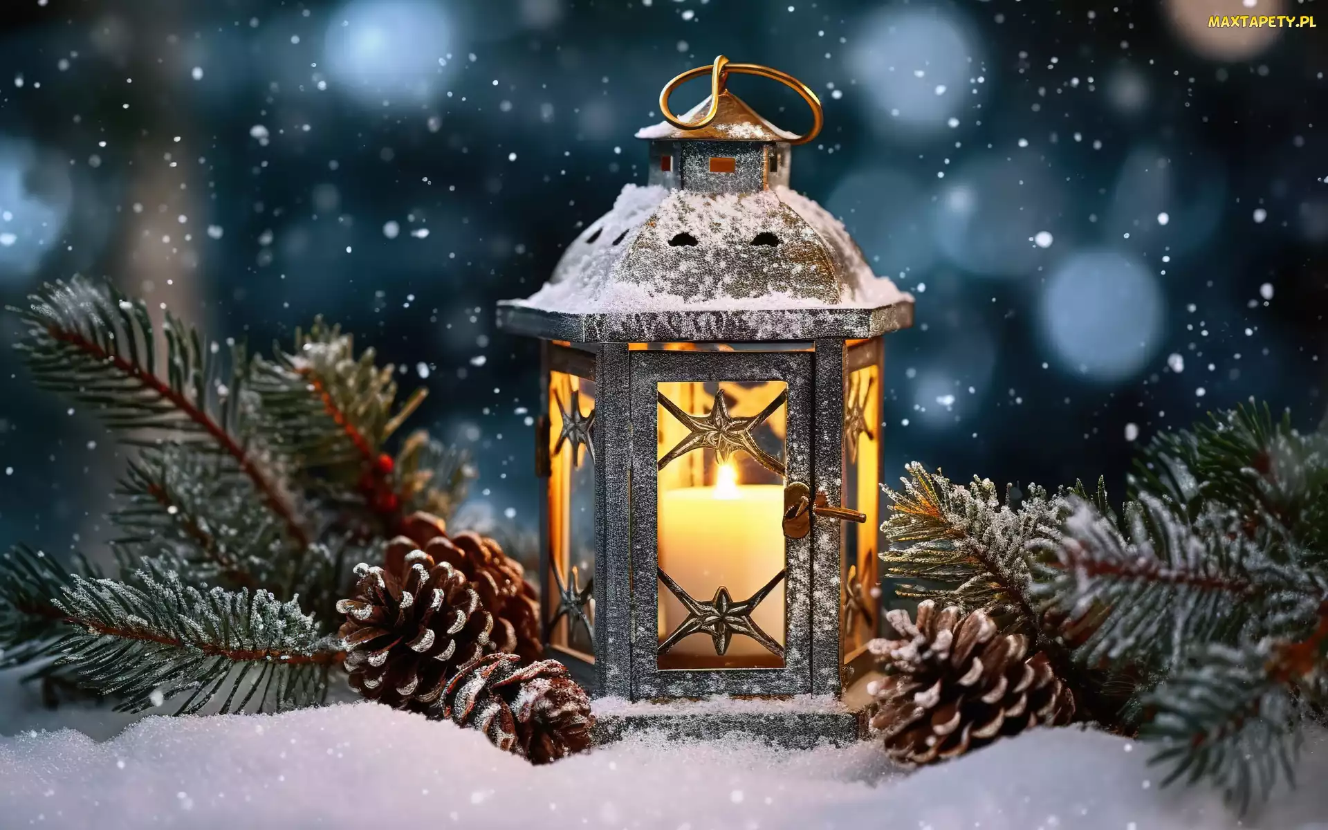 Śnieg, Gałęzie, Lampion, Noc, Szyszki, Zima, Świeca