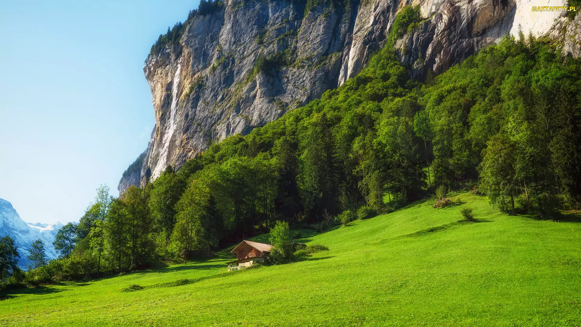 Dolina Lauterbrunnen, Drzewa, Wzgórze, Szwajcaria, Dom, Polana, Góry