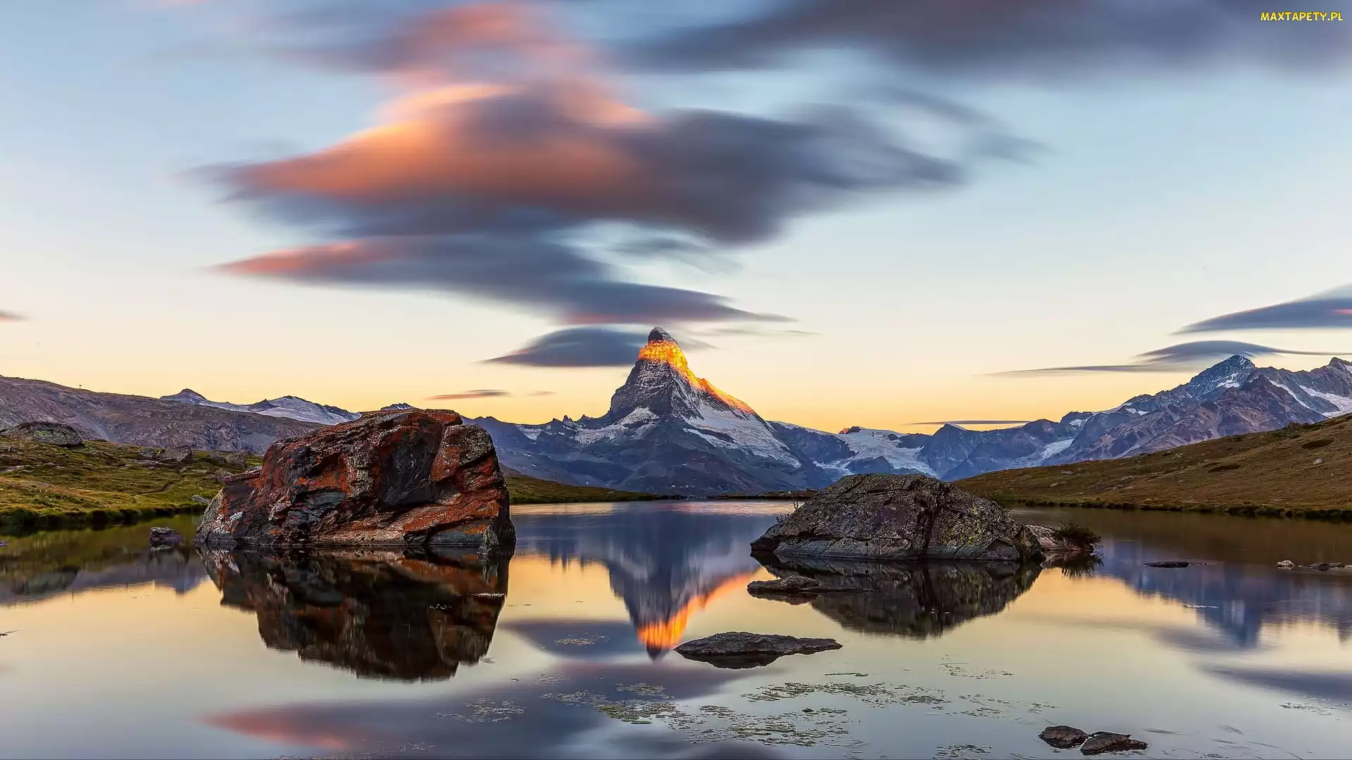 Szwajcaria, Stellisee, Alpy Pennińskie, Góry, Szczyt Matterhorn, Jezioro