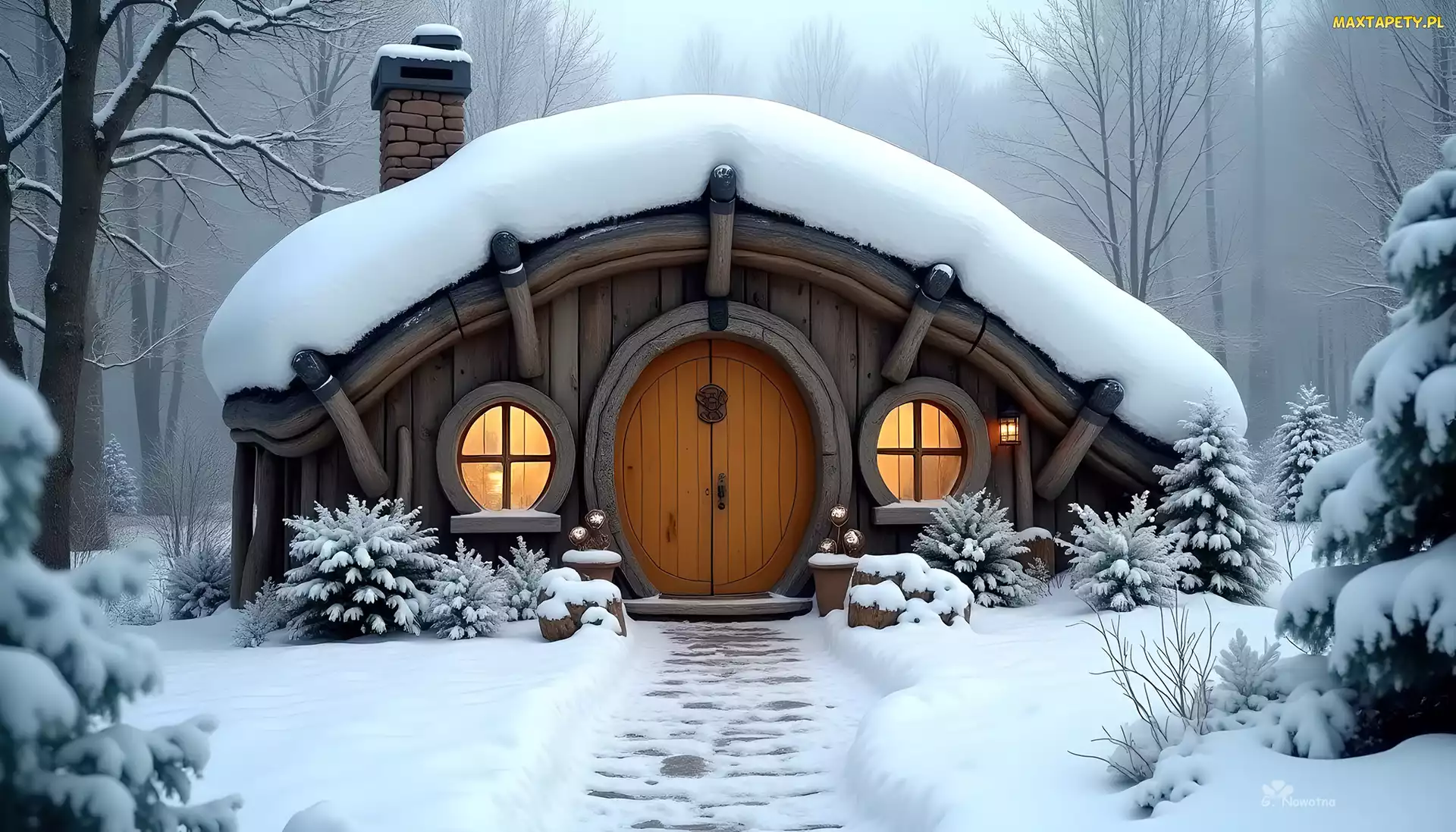 Hobbita, Grafika, Zima, Śnieg, Domek