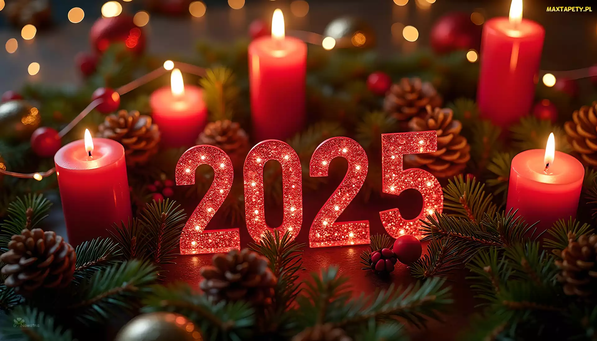 Grafika, Gałązki, Nowy Rok, 2025, Świece, Świerkowe