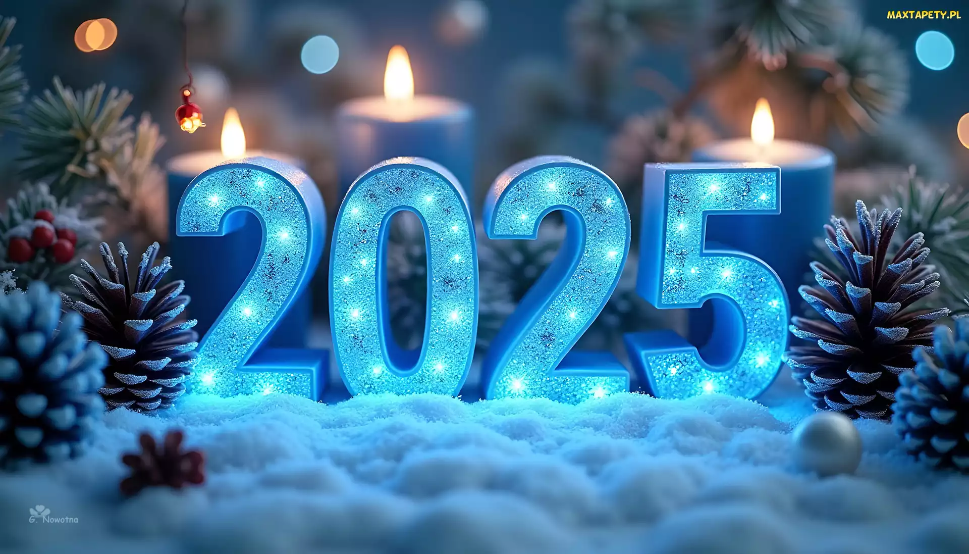 Śnieg, Szyszki, Cyfry, Grafika, 2025, Niebieskie, Nowy Rok
