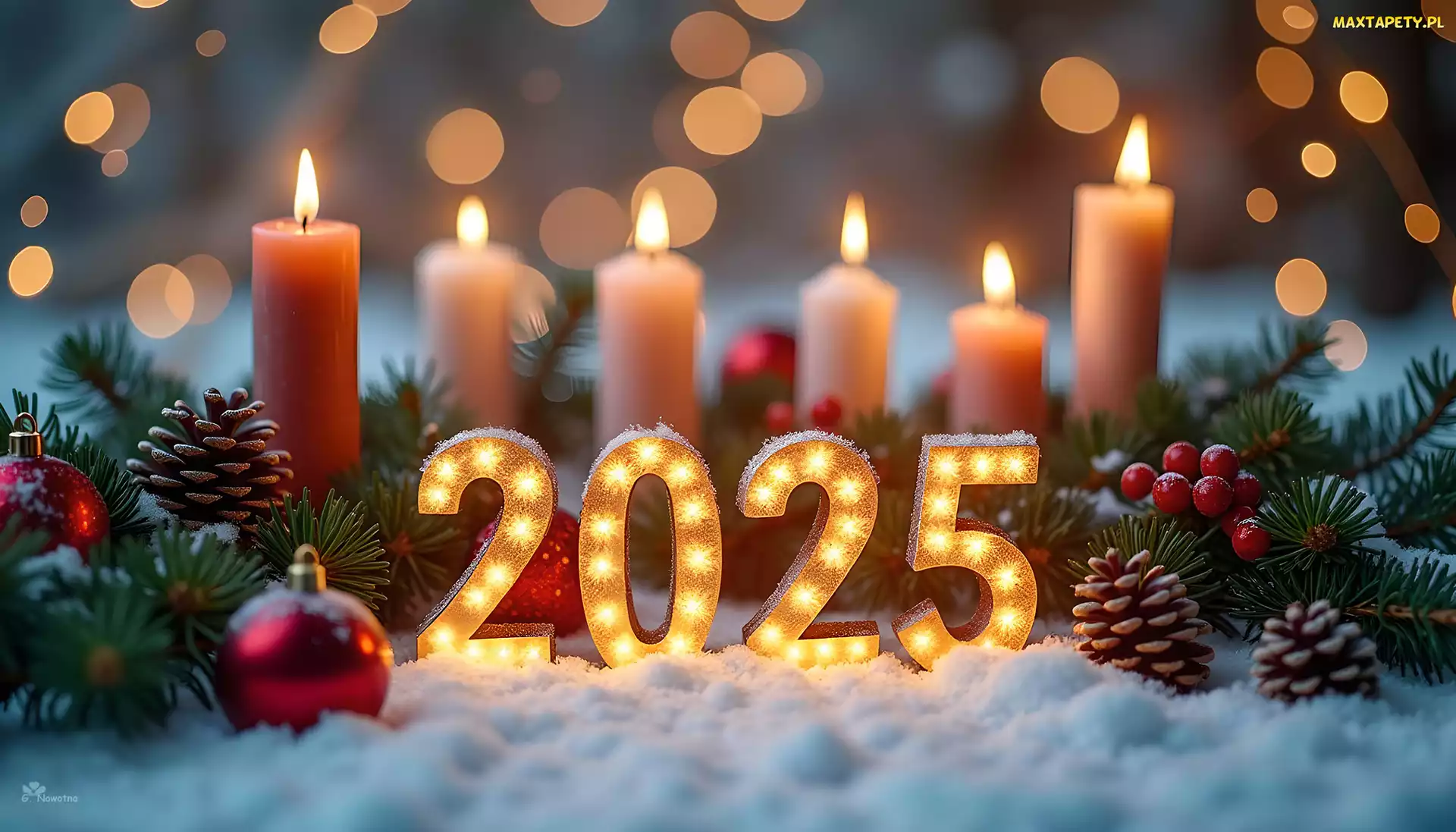2025, Śnieg, Nowy Rok, Świece, Gałązki, Szyszki, Grafika, Świerkowe