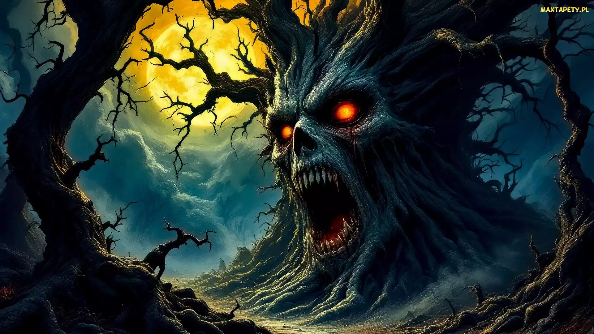 Drzewa, Chmury, Zachód słońca, Wilkołak, Fantasy